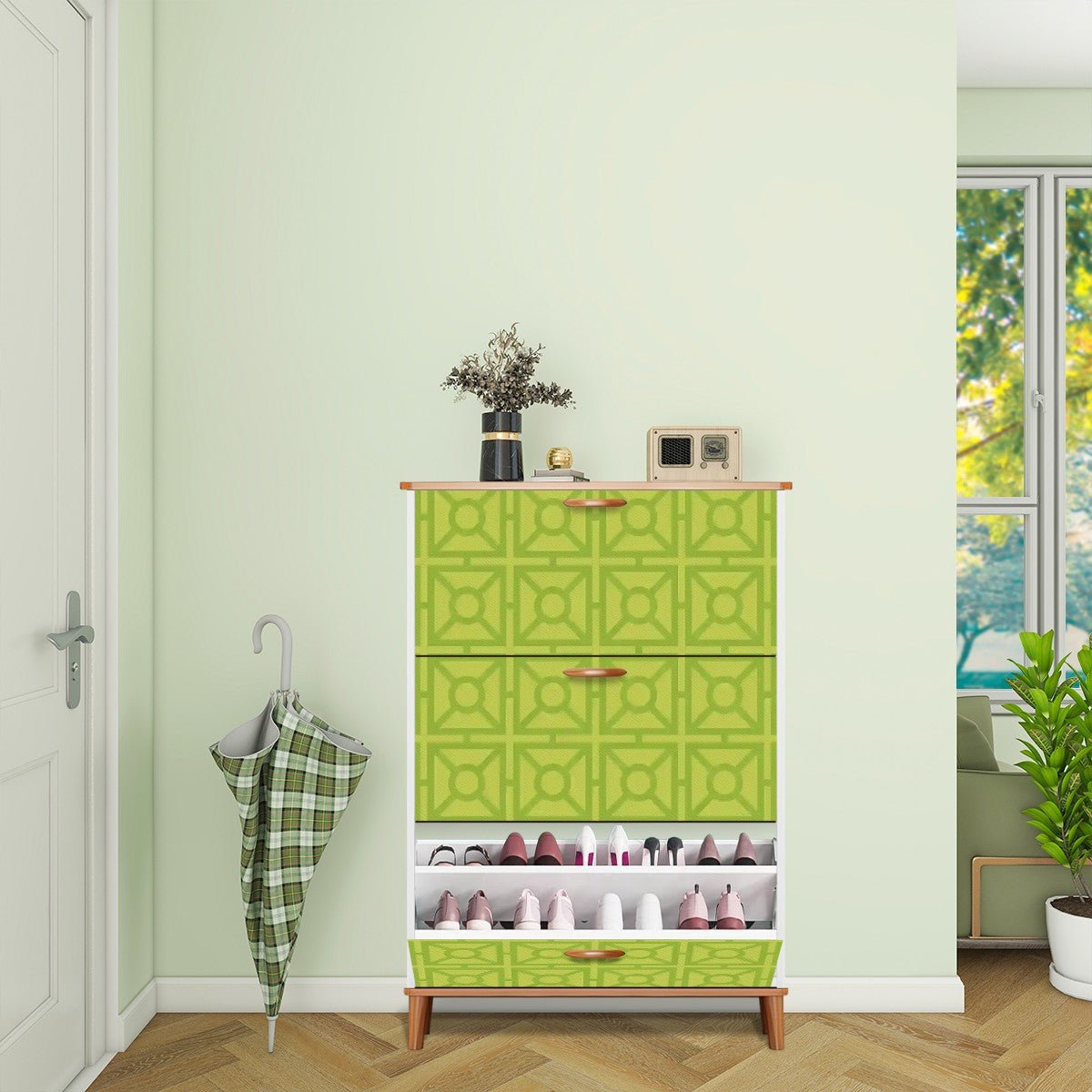 Kate McEnroe New York Mid Century Modern Breeze Block Shoe Cabinet, Retro Green Geometric Storage, MCM 3 - Tier OrganizerShoe StorageZ8VXWxdOv6