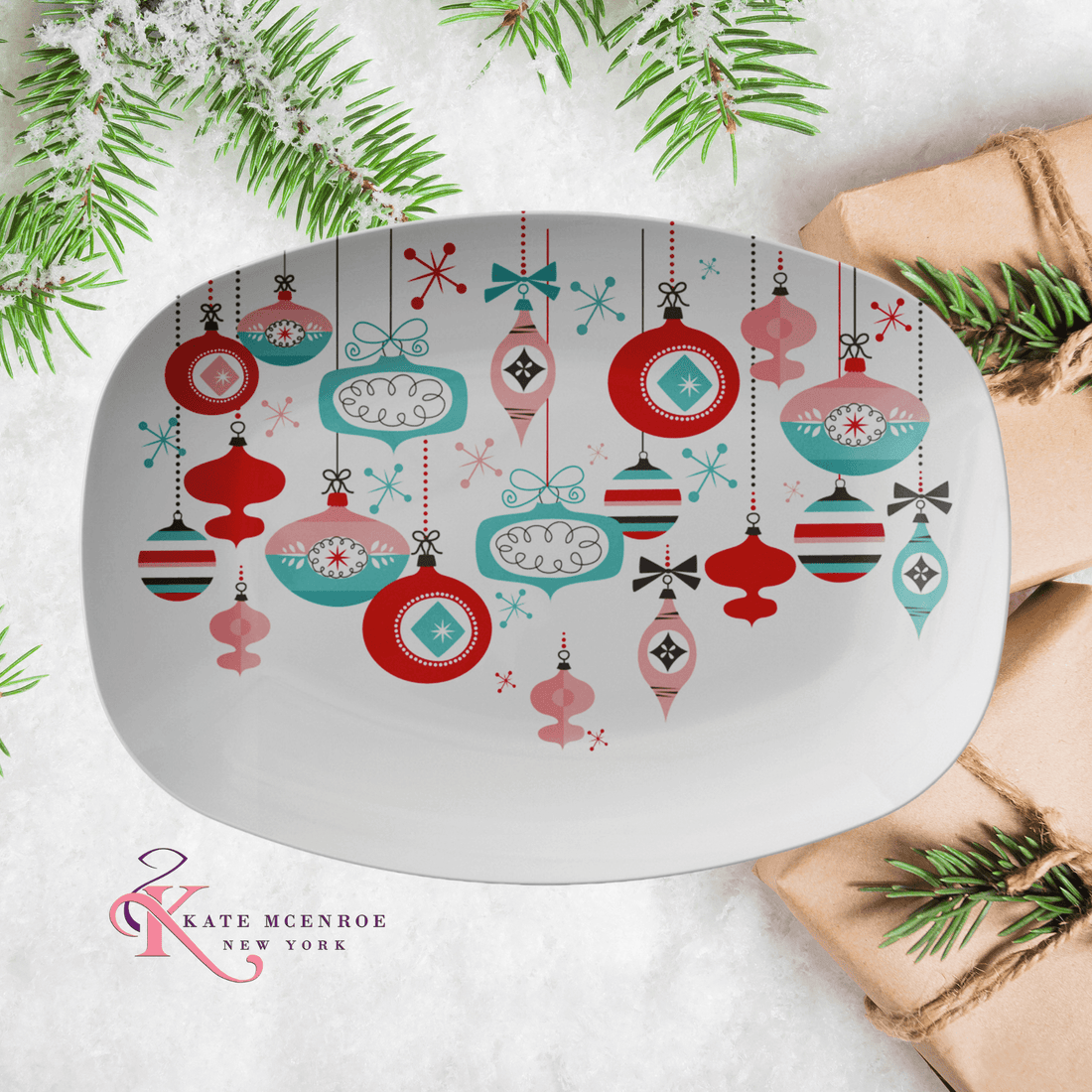 Kate McEnroe New York Mid Century Modern Christmas Ornaments Platter Pink Teal Red Holiday DinnerwareServing PlattersMCP - PTR - 001