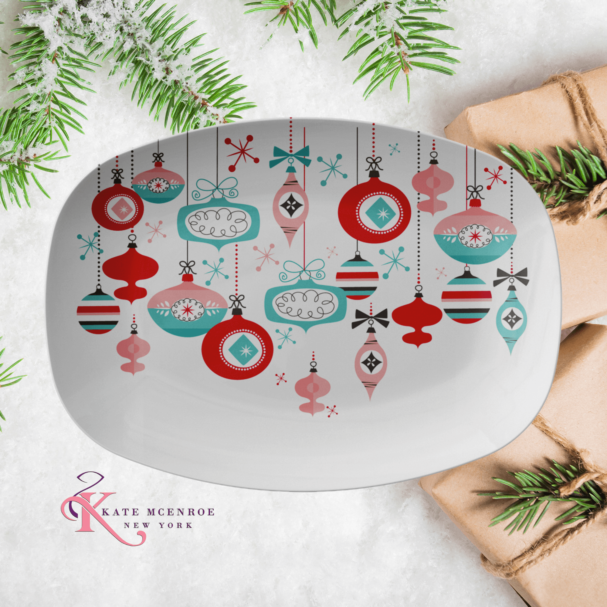 Kate McEnroe New York Mid Century Modern Christmas Ornaments Platter Pink Teal Red Holiday DinnerwareServing PlattersMCP - PTR - 001