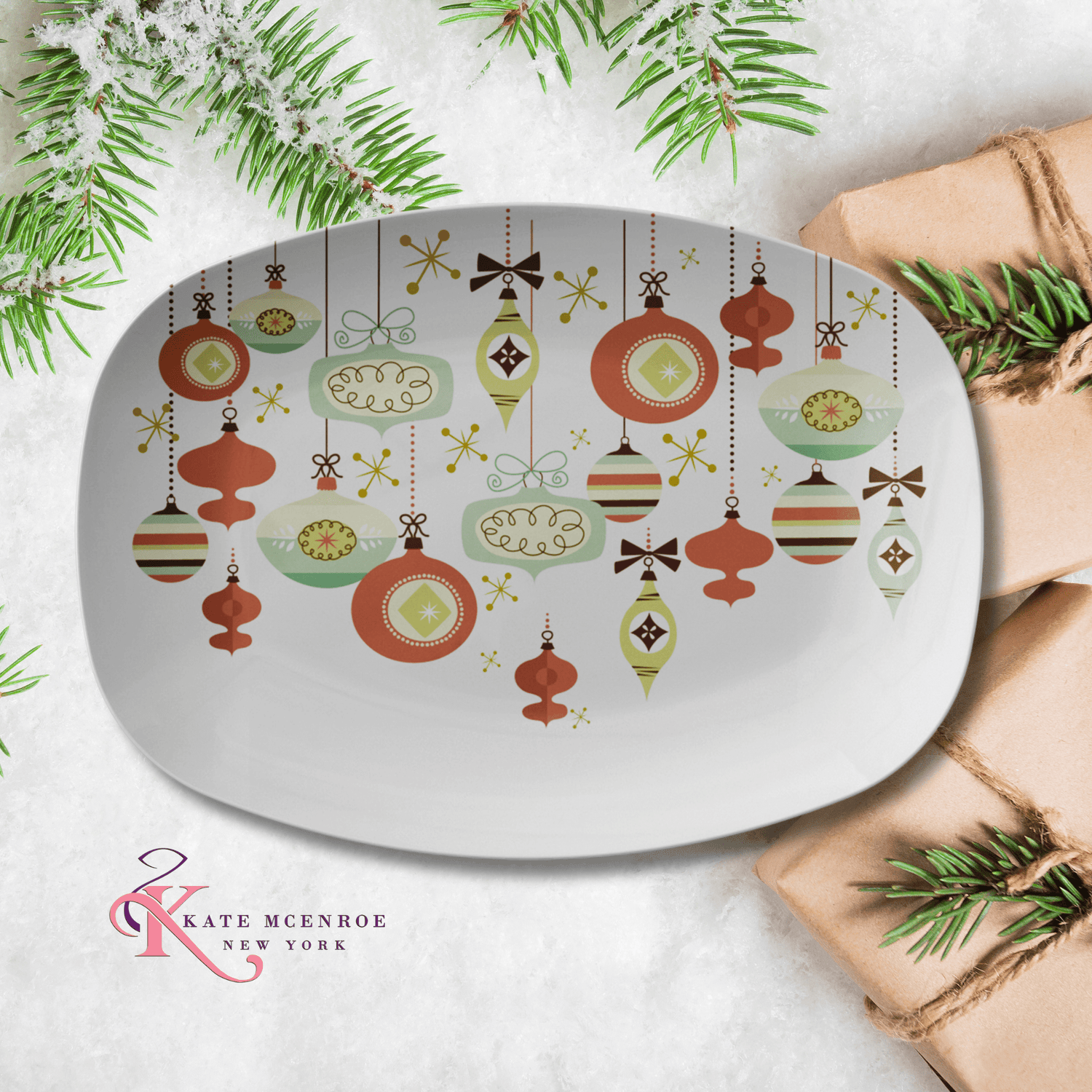 Kate McEnroe New York Mid Century Modern Christmas Ornaments Platter Sage Green Rust Holiday DinnerwareServing PlattersMCP - SGR - 002