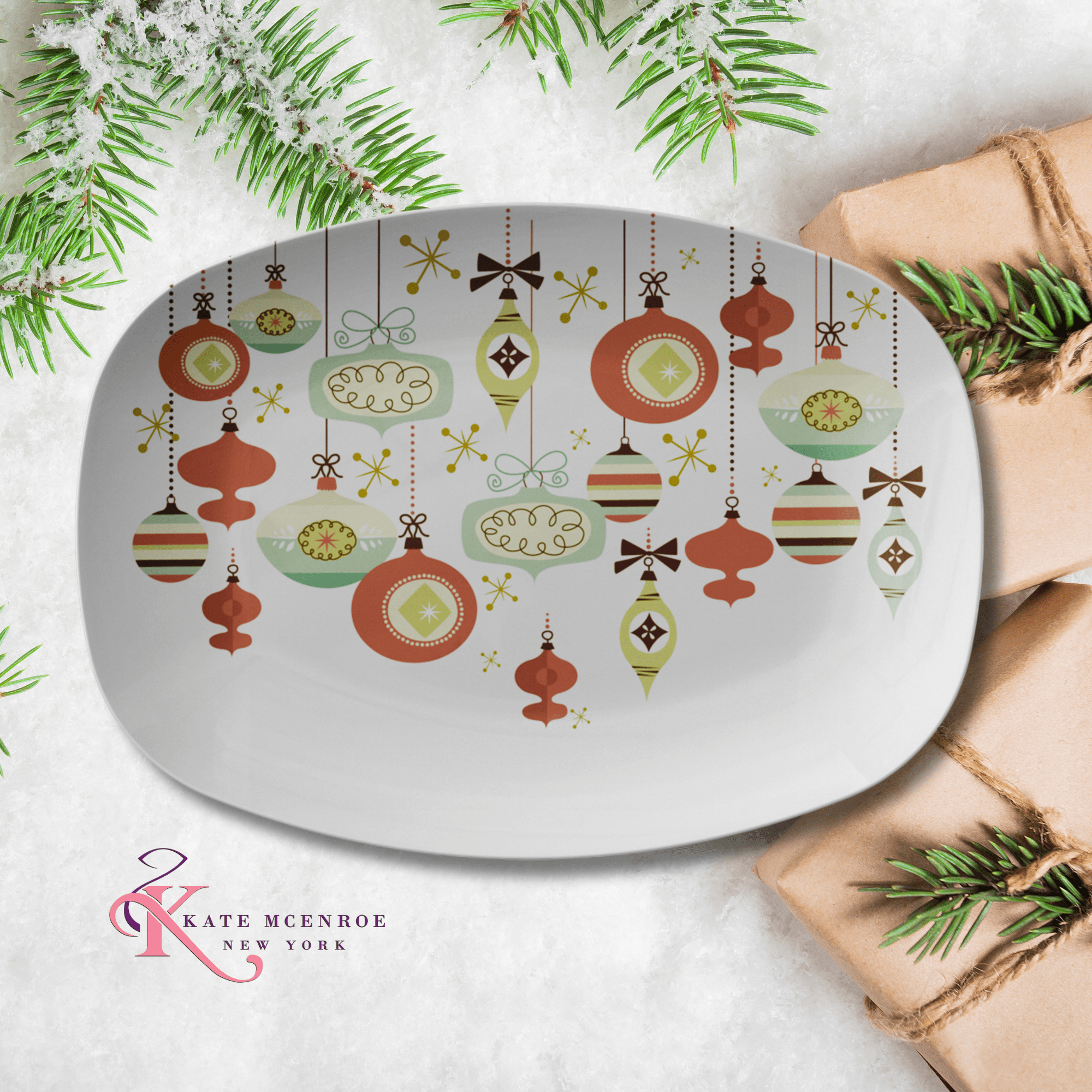 Kate McEnroe New York Mid Century Modern Christmas Ornaments Platter Sage Green Rust Holiday DinnerwareServing PlattersMCP - SGR - 002