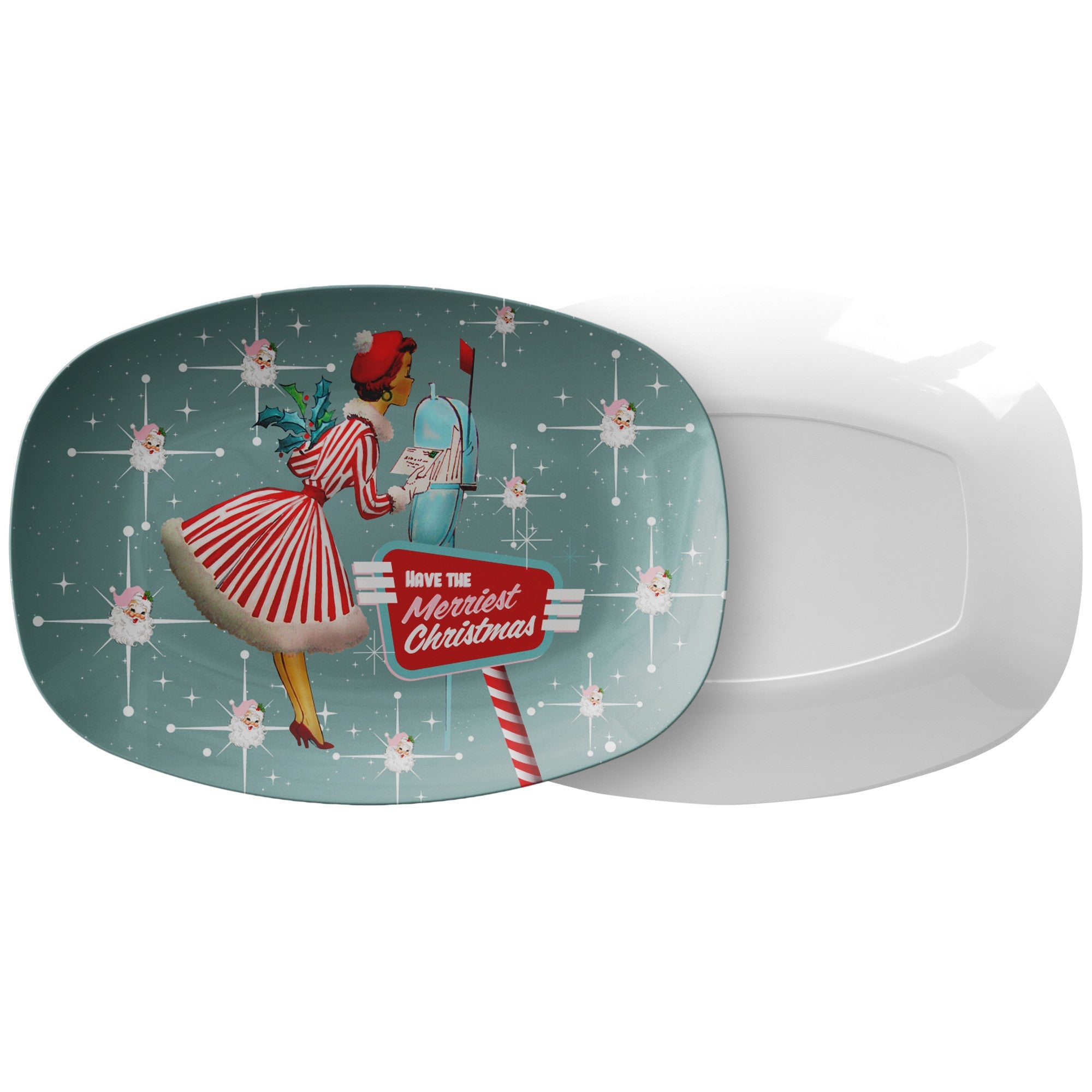 Kate McEnroe New York Mid Century Modern Christmas Platter, Retro Kitsch Atomic Holiday Tray, Vintage Santa Starburst Serving DishServing PlattersP23 - SHD - GRN - 2