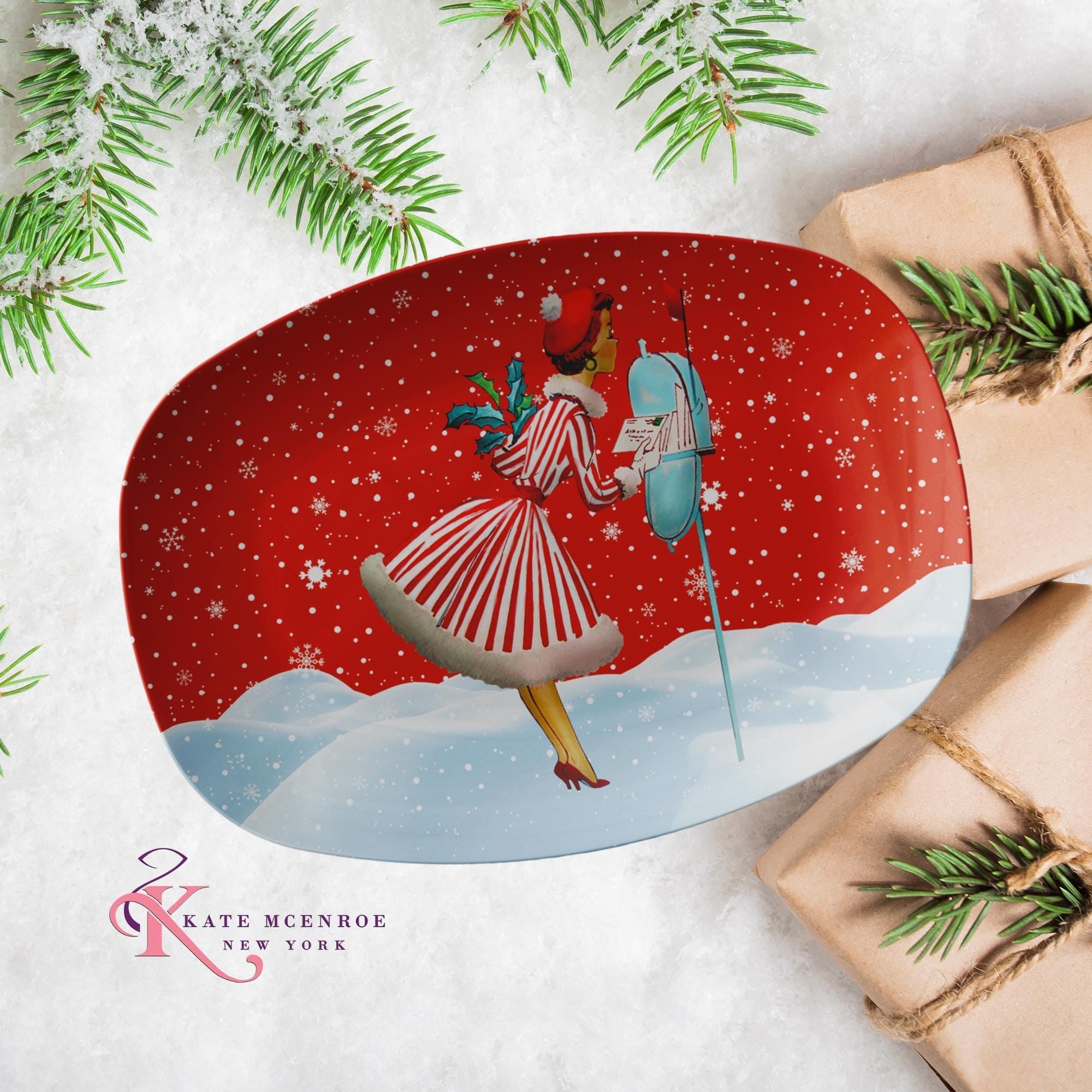 Kate McEnroe New York Mid Century Modern Christmas Platter, Retro Vintage 50s Kitsch Holiday DinnerwareServing PlattersPLT - 50X
