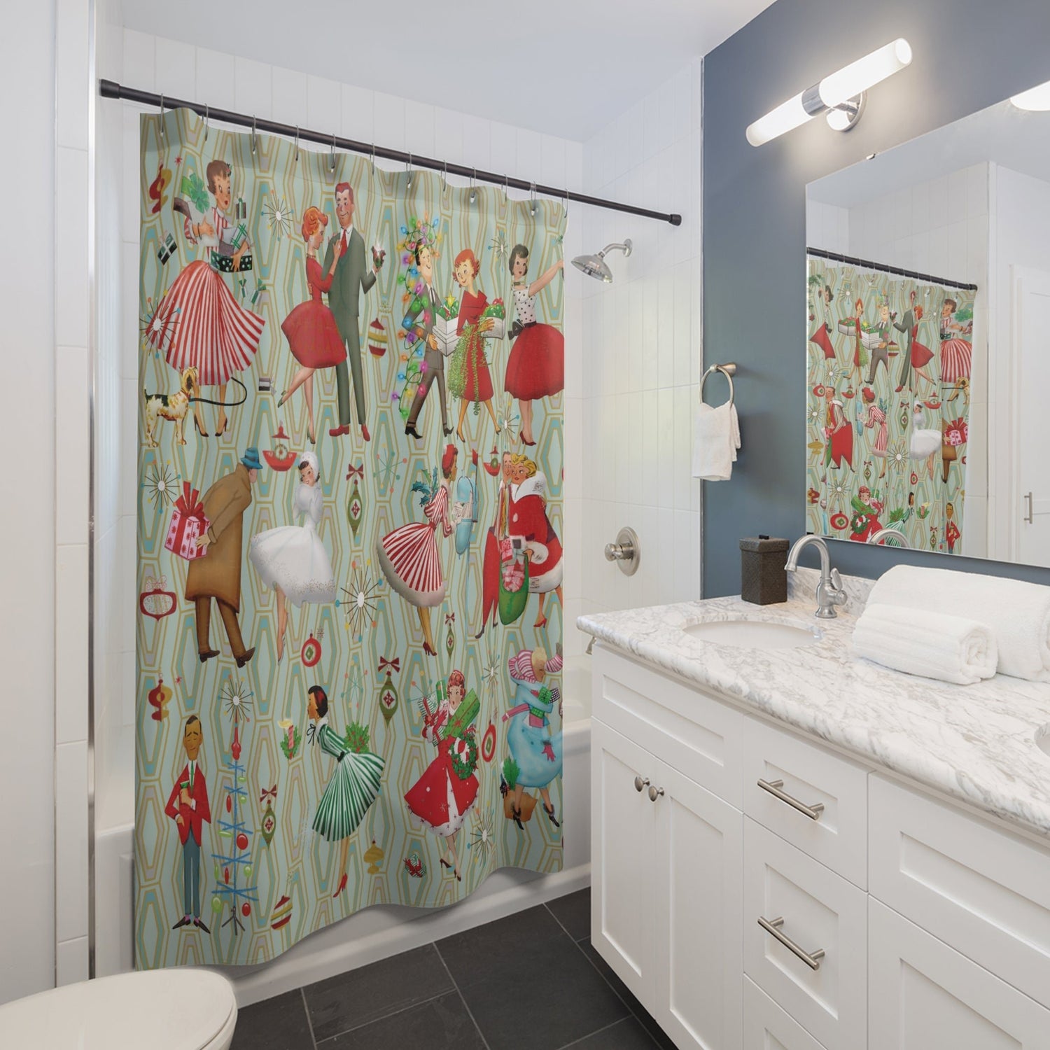 Kate McEnroe New York Mid Century Modern Christmas Shower Curtain, Retro Vintage 50s Holiday Bath DecorShower Curtains13307444863591581613