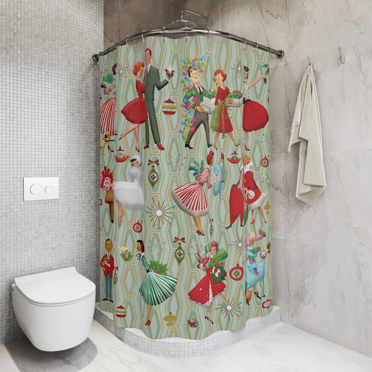 Kate McEnroe New York Mid Century Modern Christmas Shower Curtain, Retro Vintage 50s Holiday Bath DecorShower Curtains13307444863591581613