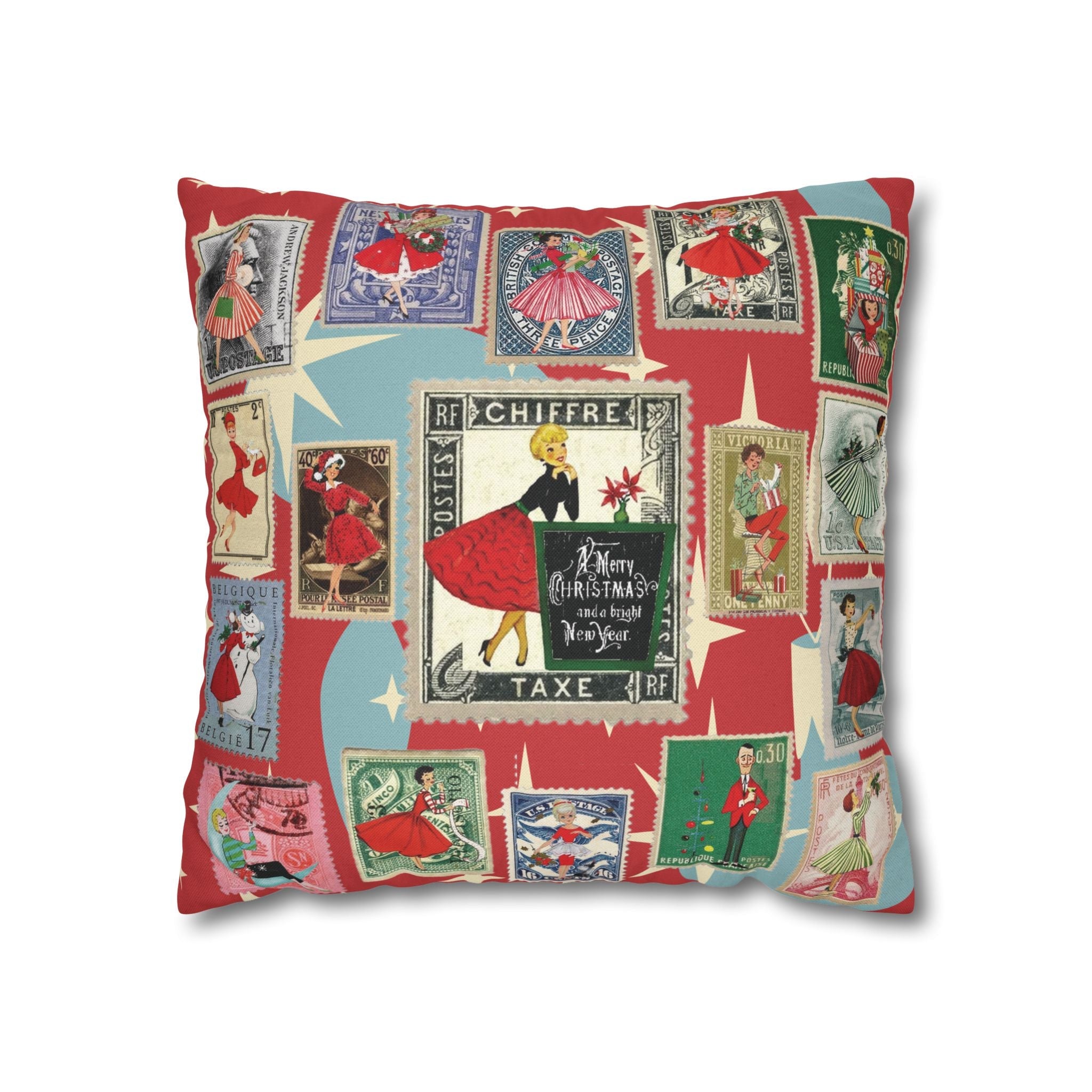 Kate McEnroe New York Mid Century Modern Christmas Stamp Throw Pillow Cover, Retro Atomic Starburst Holiday AccentThrow Pillow Covers11367898198355457731