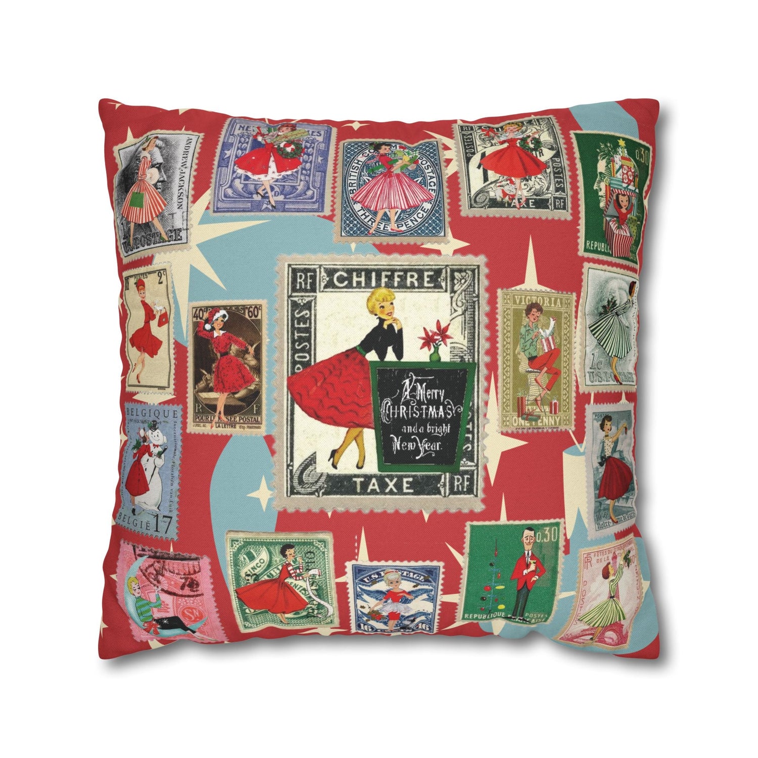 Kate McEnroe New York Mid Century Modern Christmas Stamp Throw Pillow Cover, Retro Atomic Starburst Holiday AccentThrow Pillow Covers25817573110993679974