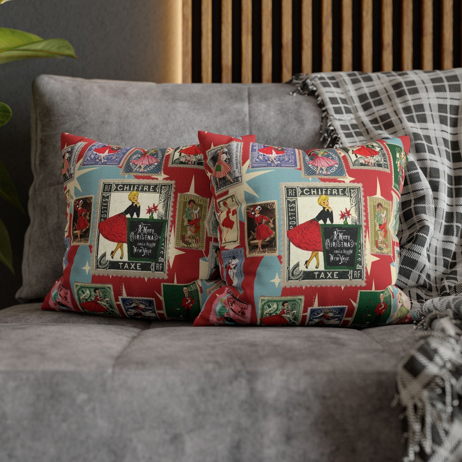 Kate McEnroe New York Mid Century Modern Christmas Stamp Throw Pillow Cover, Retro Atomic Starburst Holiday AccentThrow Pillow Covers25817573110993679974