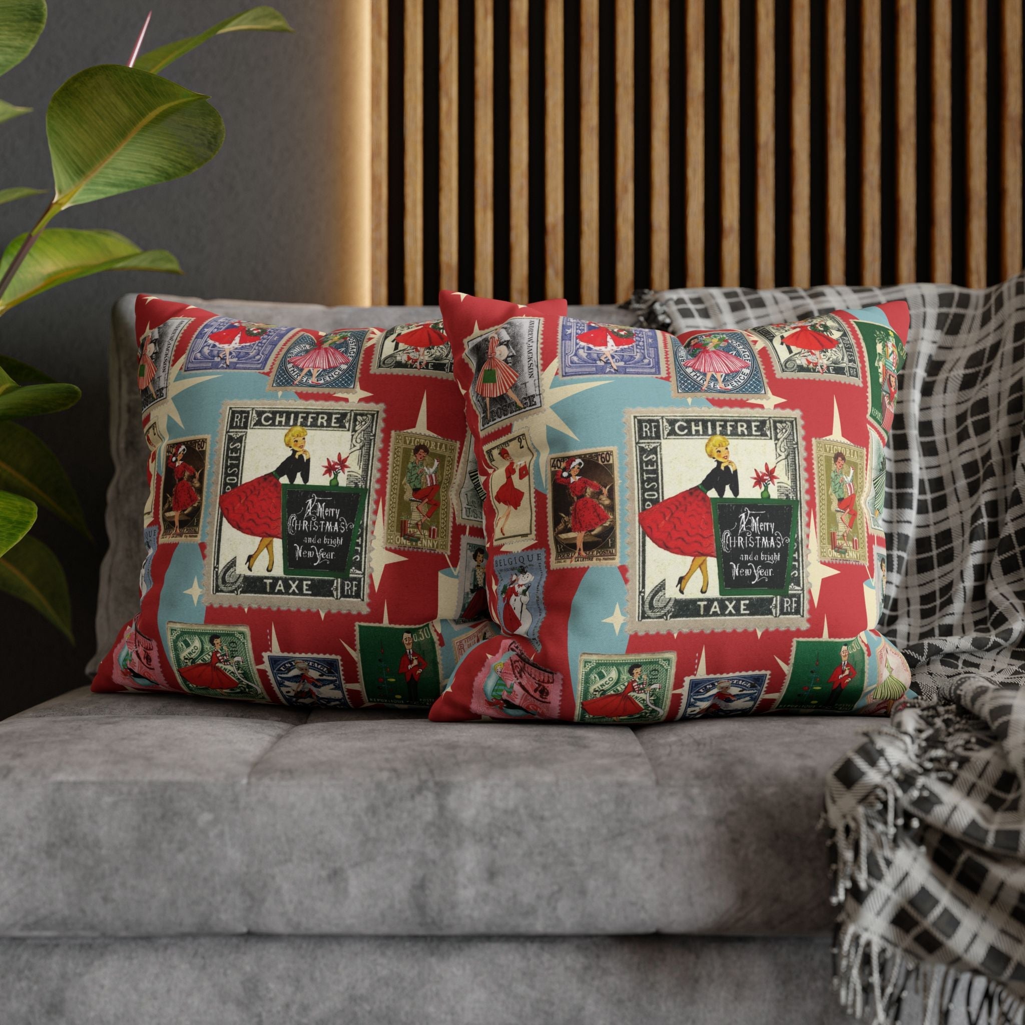 Kate McEnroe New York Mid Century Modern Christmas Stamp Throw Pillow Cover, Retro Atomic Starburst Holiday AccentThrow Pillow Covers25817573110993679974