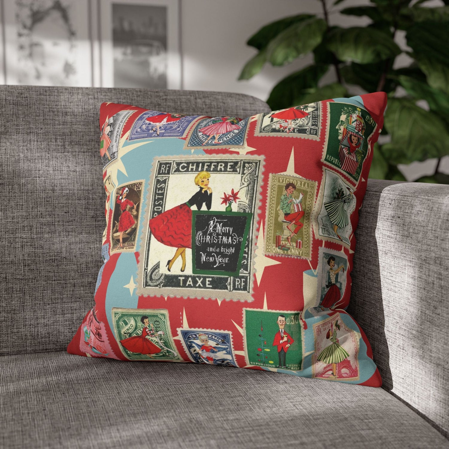 Kate McEnroe New York Mid Century Modern Christmas Stamp Throw Pillow Cover, Retro Atomic Starburst Holiday AccentThrow Pillow Covers25817573110993679974