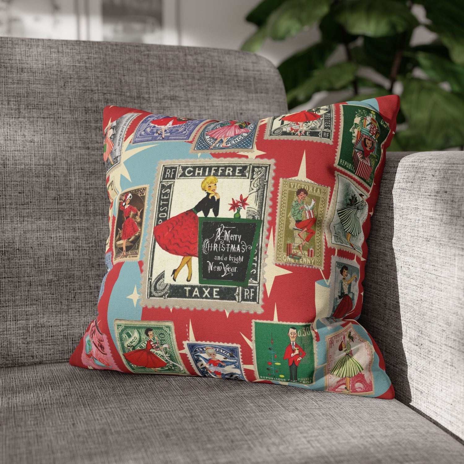 Kate McEnroe New York Mid Century Modern Christmas Stamp Throw Pillow Cover, Retro Atomic Starburst Holiday AccentThrow Pillow Covers25817573110993679974