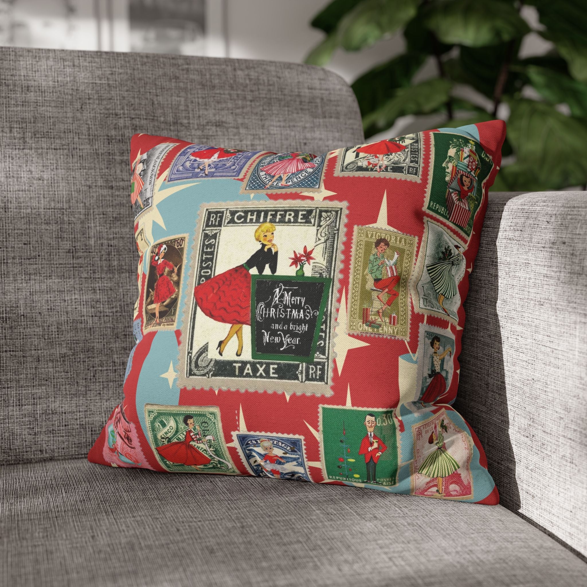 Kate McEnroe New York Mid Century Modern Christmas Stamp Throw Pillow Cover, Retro Atomic Starburst Holiday AccentThrow Pillow Covers25817573110993679974