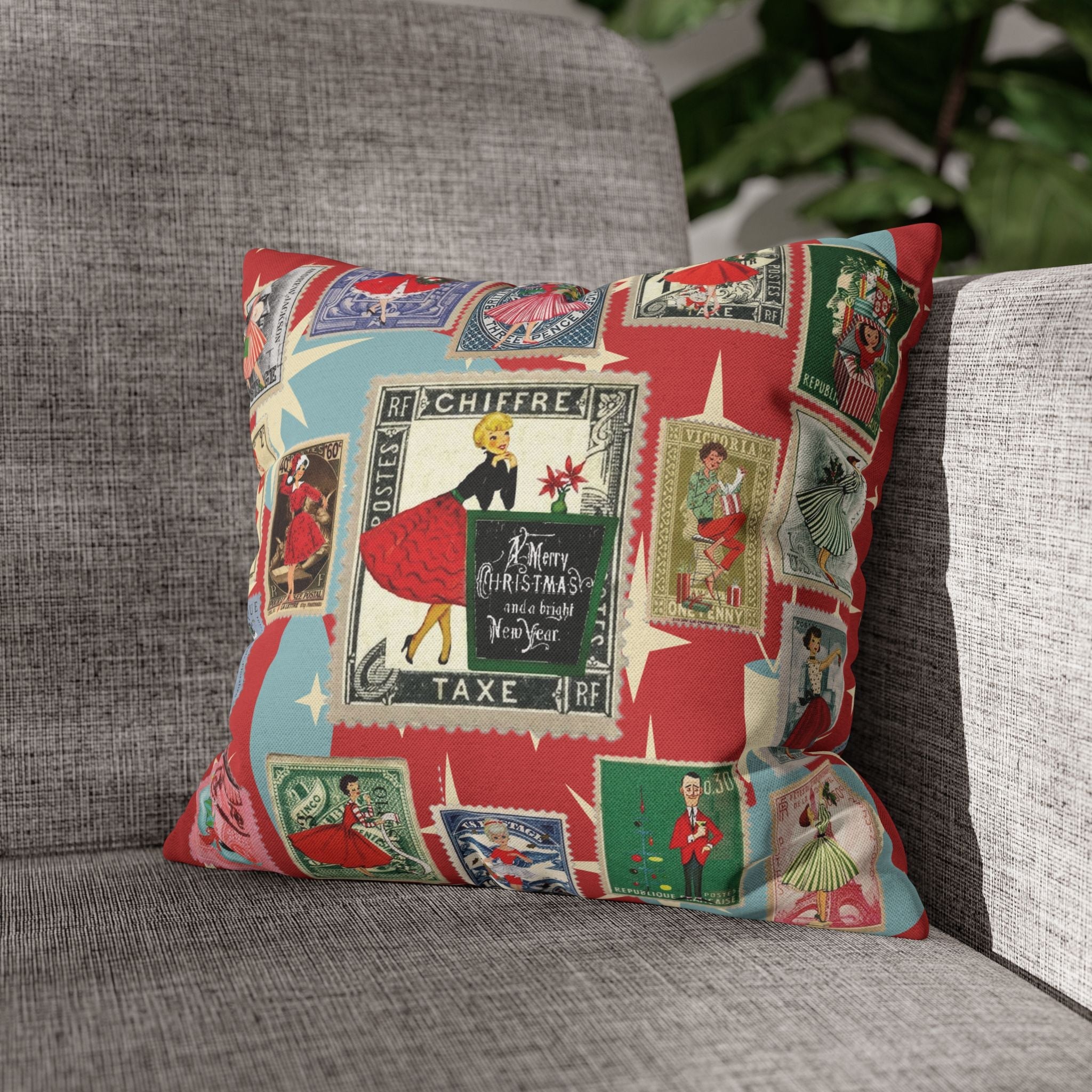 Kate McEnroe New York Mid Century Modern Christmas Stamp Throw Pillow Cover, Retro Atomic Starburst Holiday AccentThrow Pillow Covers25817573110993679974