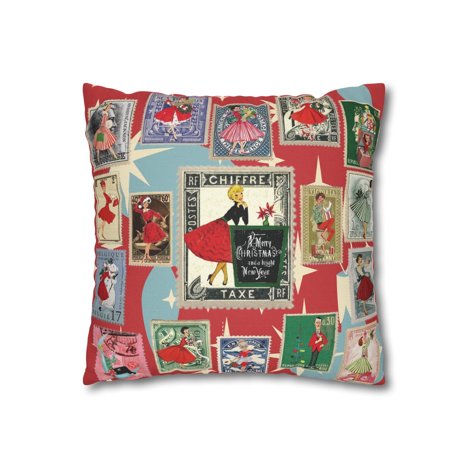 Kate McEnroe New York Mid Century Modern Christmas Stamp Throw Pillow Cover, Retro Atomic Starburst Holiday AccentThrow Pillow Covers25817573110993679974