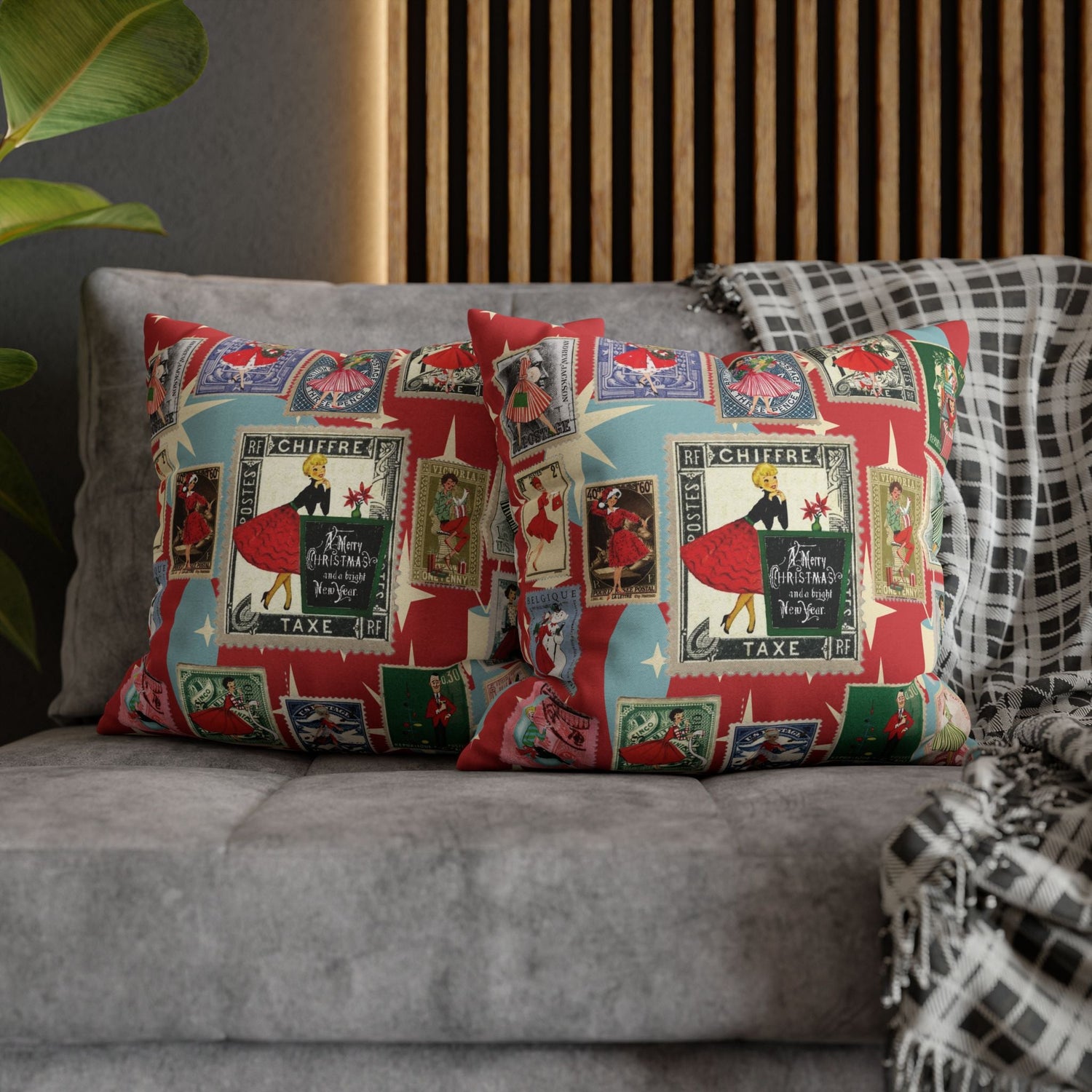 Kate McEnroe New York Mid Century Modern Christmas Stamp Throw Pillow Cover, Retro Atomic Starburst Holiday AccentThrow Pillow Covers25817573110993679974