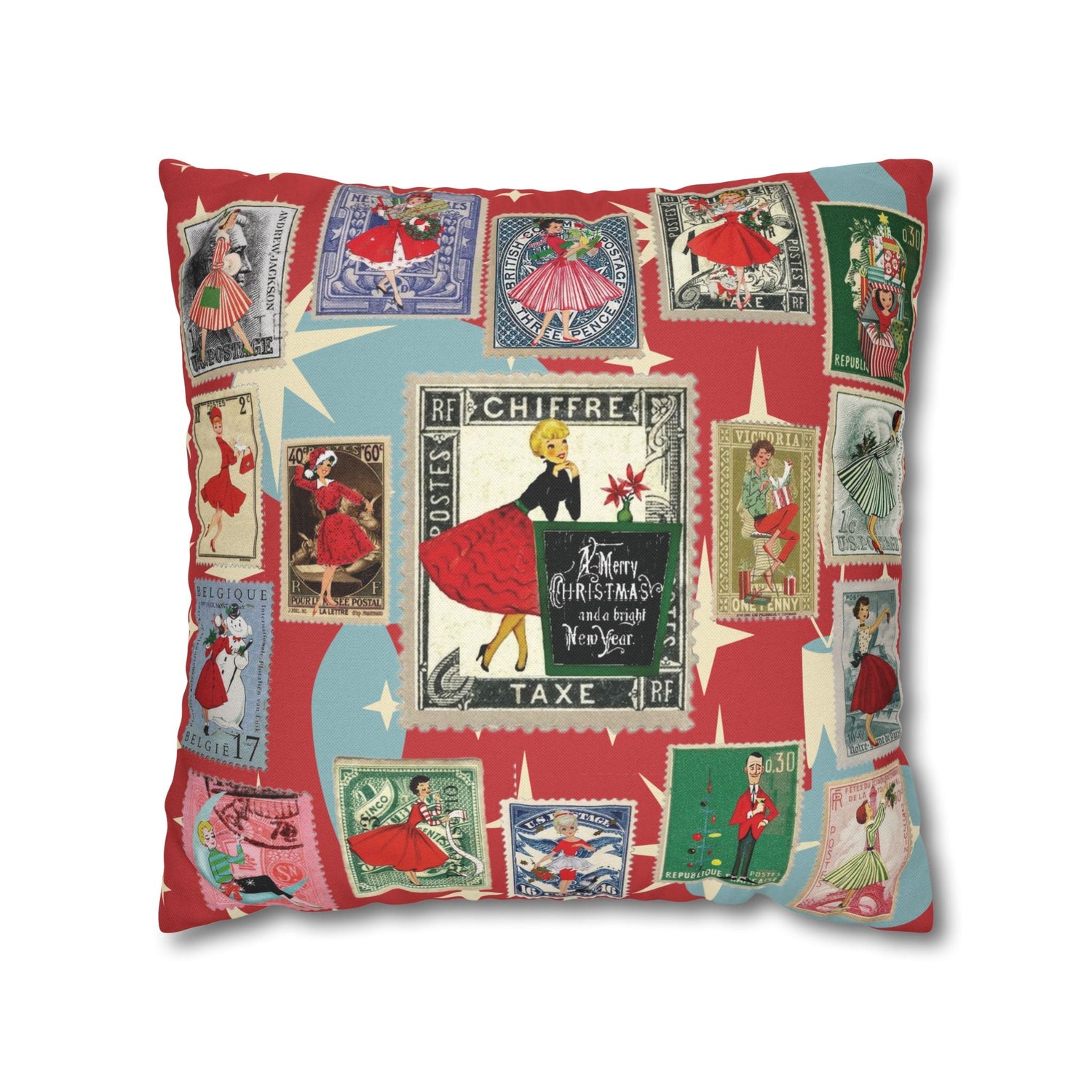 Kate McEnroe New York Mid Century Modern Christmas Stamp Throw Pillow Cover, Retro Atomic Starburst Holiday AccentThrow Pillow Covers81117248657856847694
