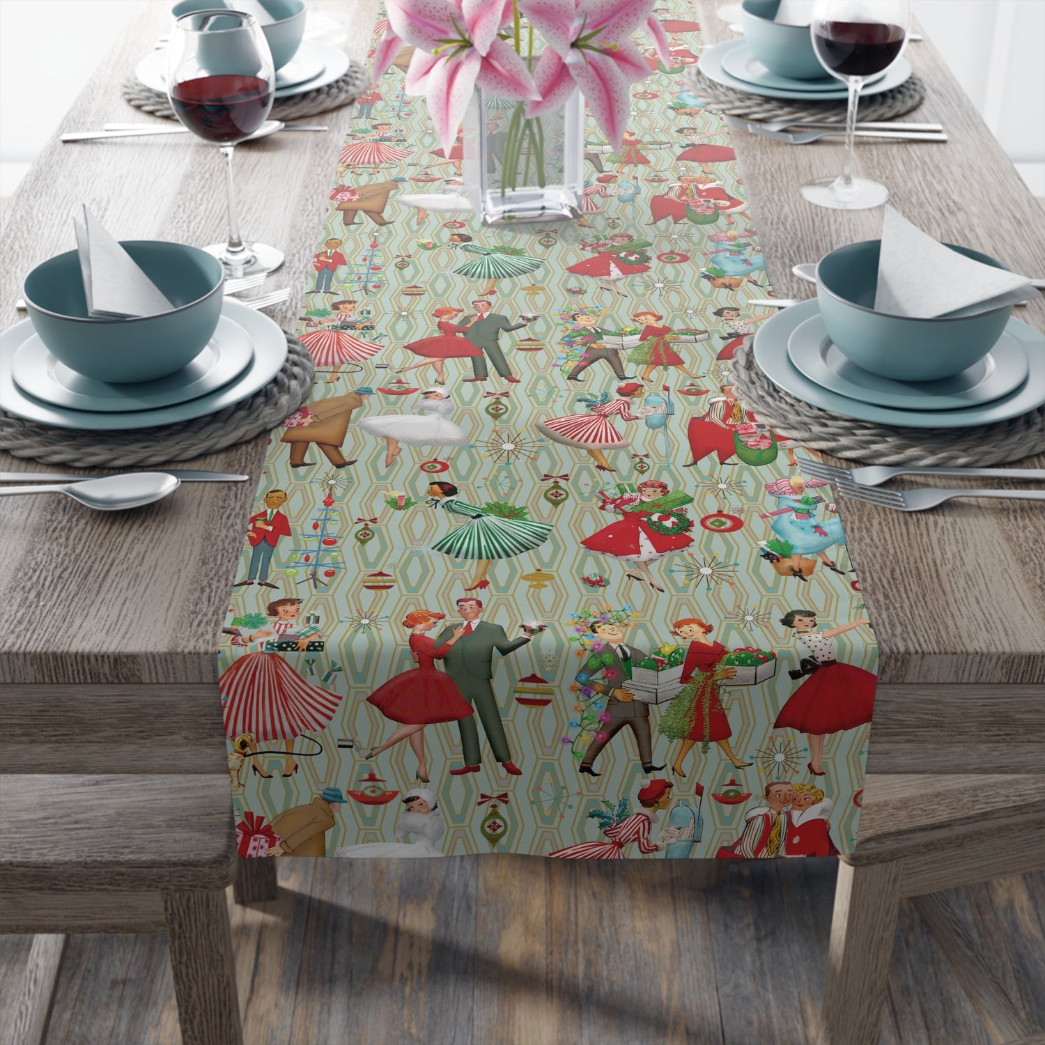 Kate McEnroe New York Mid Century Modern Christmas Table Runner, Retro Vintage 50s Holiday Dining LinenTable Runners28558370715194370352