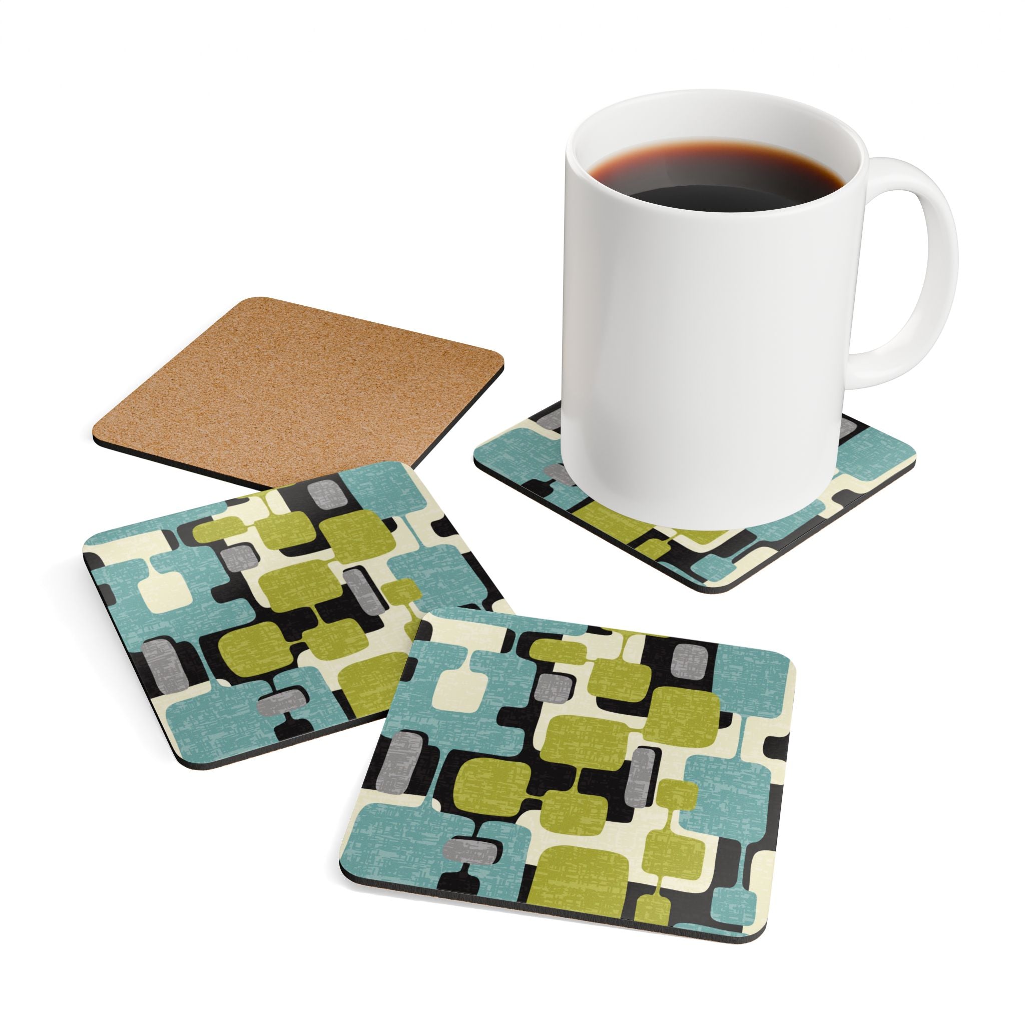 Kate McEnroe New York Mid Century Modern Corkwood Coasters, Set of 4, MCM 60s Geometric Abstract Kitchen DecorCoasters24829992040914097918