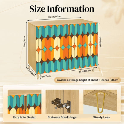 Kate McEnroe New York Mid Century Modern Credenza, Retro 70s Geometric Cabinet, Teal Orange StorageStorage CabinetsyEdzs89llI