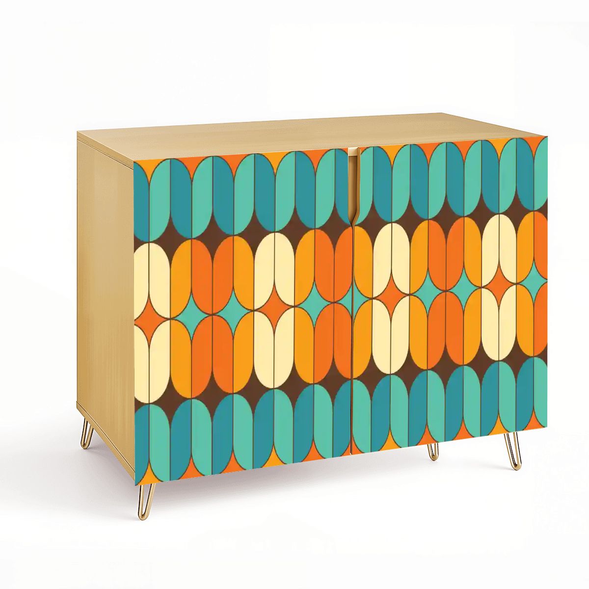 Kate McEnroe New York Mid Century Modern Credenza, Retro 70s Geometric Cabinet, Teal Orange StorageStorage CabinetsyEdzs89llI