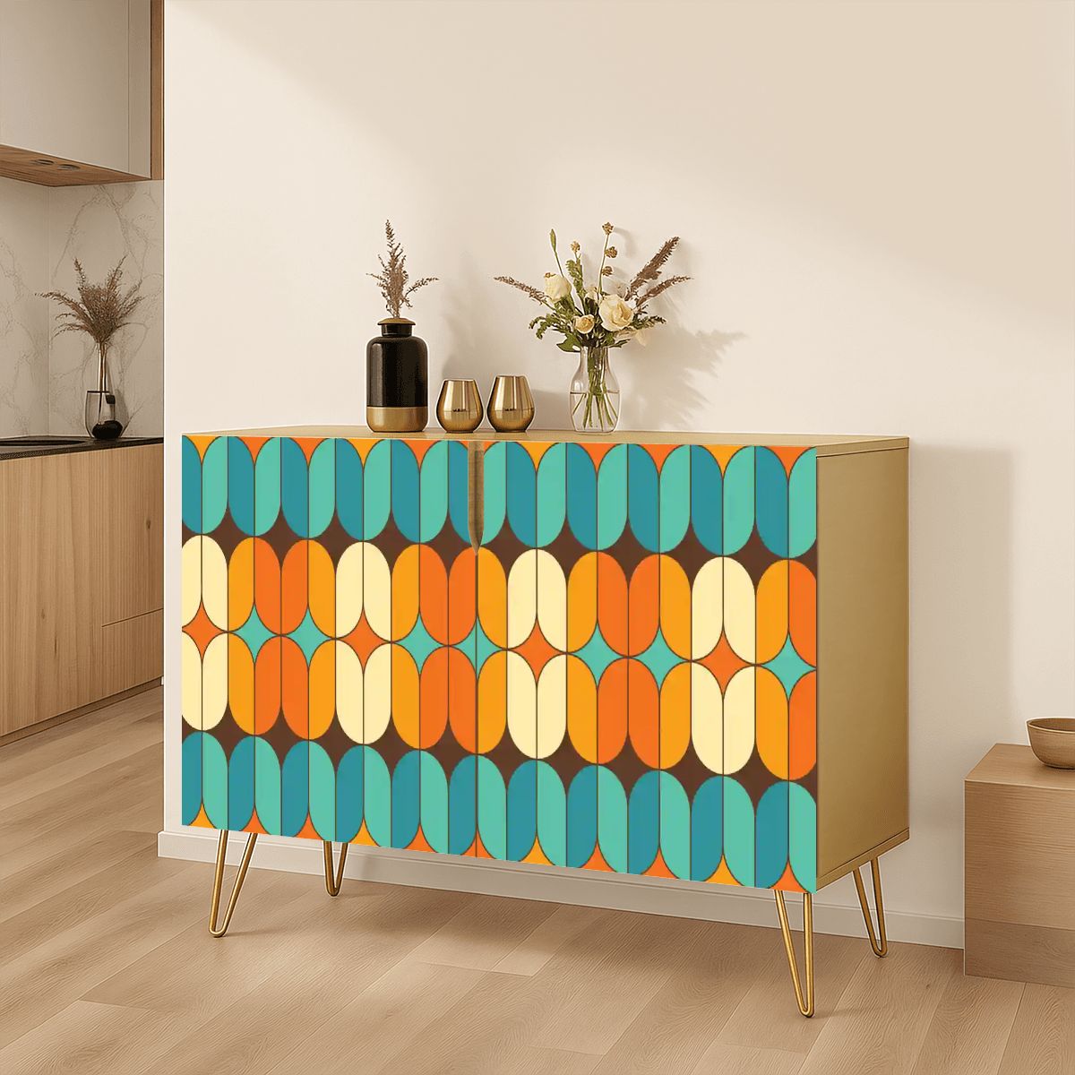 Kate McEnroe New York Mid Century Modern Credenza, Retro 70s Geometric Cabinet, Teal Orange StorageStorage CabinetsyEdzs89llI