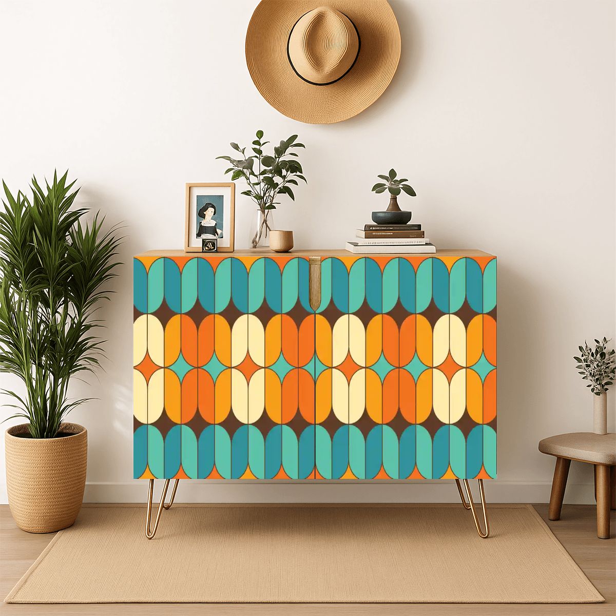 Kate McEnroe New York Mid Century Modern Credenza, Retro 70s Geometric Cabinet, Teal Orange StorageStorage CabinetsyEdzs89llI