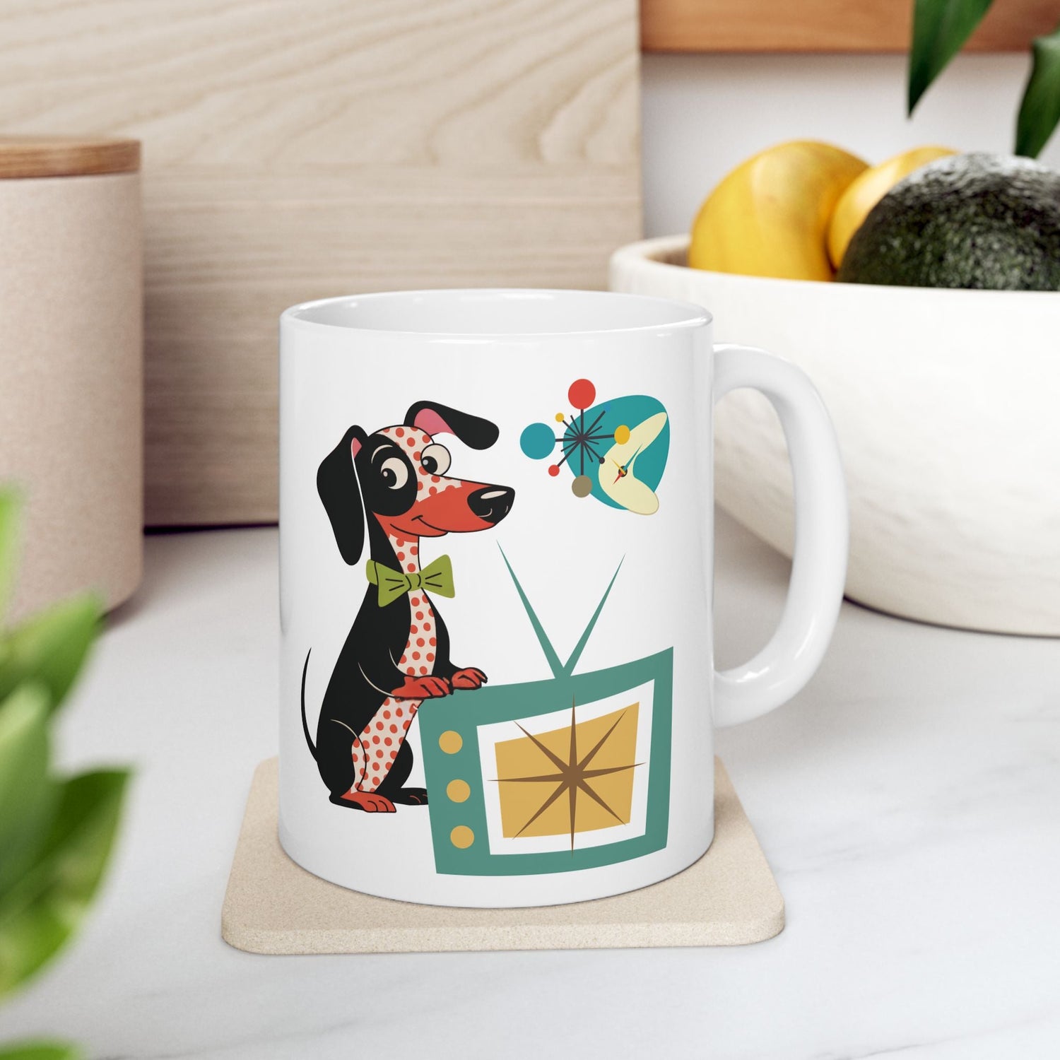 Kate McEnroe New York Mid Century Modern Dachshund Dog Mug, Retro TV Starburst Coffee CupMugs27475098491264008206