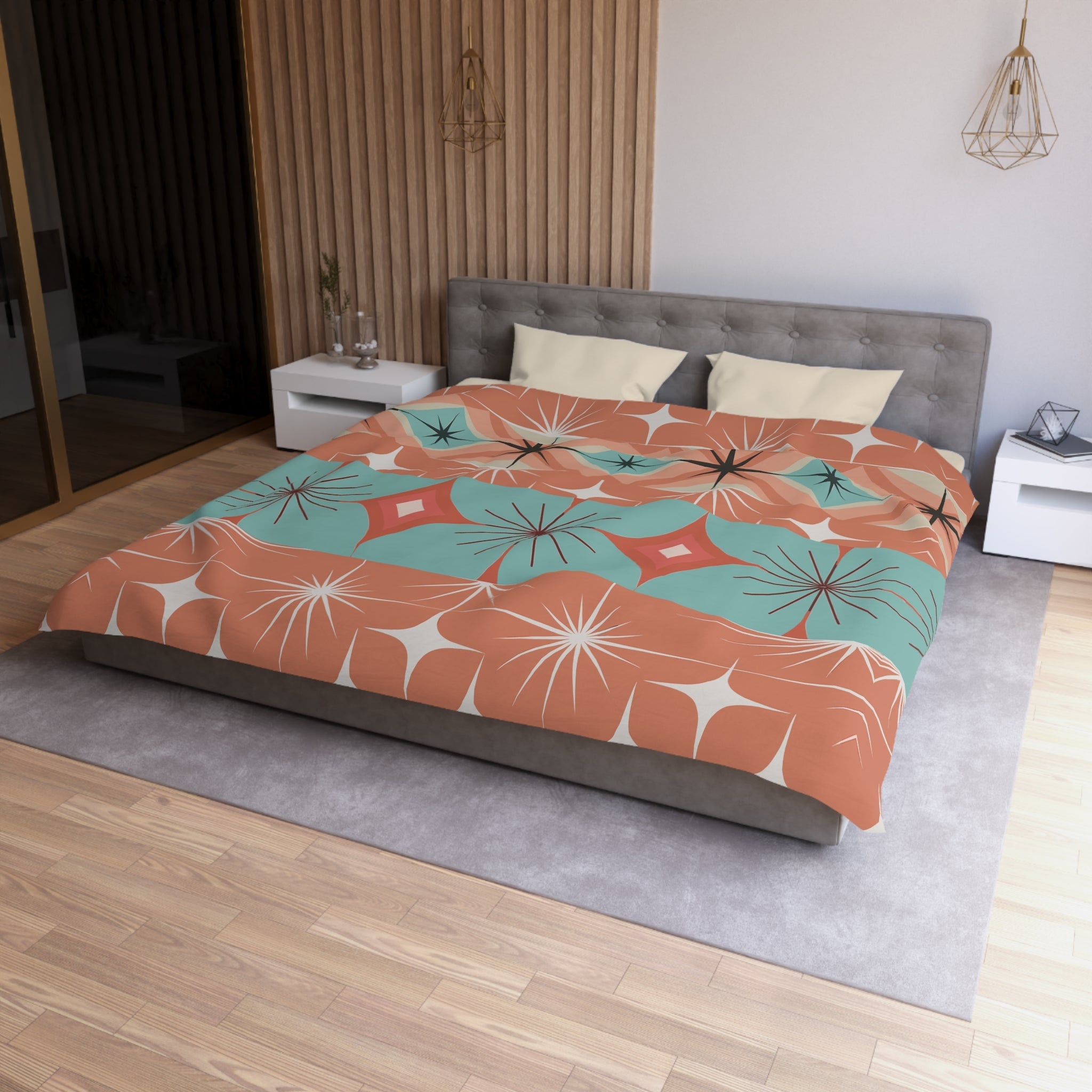 Kate McEnroe New York Mid Century Modern Duvet Cover, Retro 50s 60s Atomic Diamond Starburst Orange Teal BeddingDuvet Covers17258490034686436948