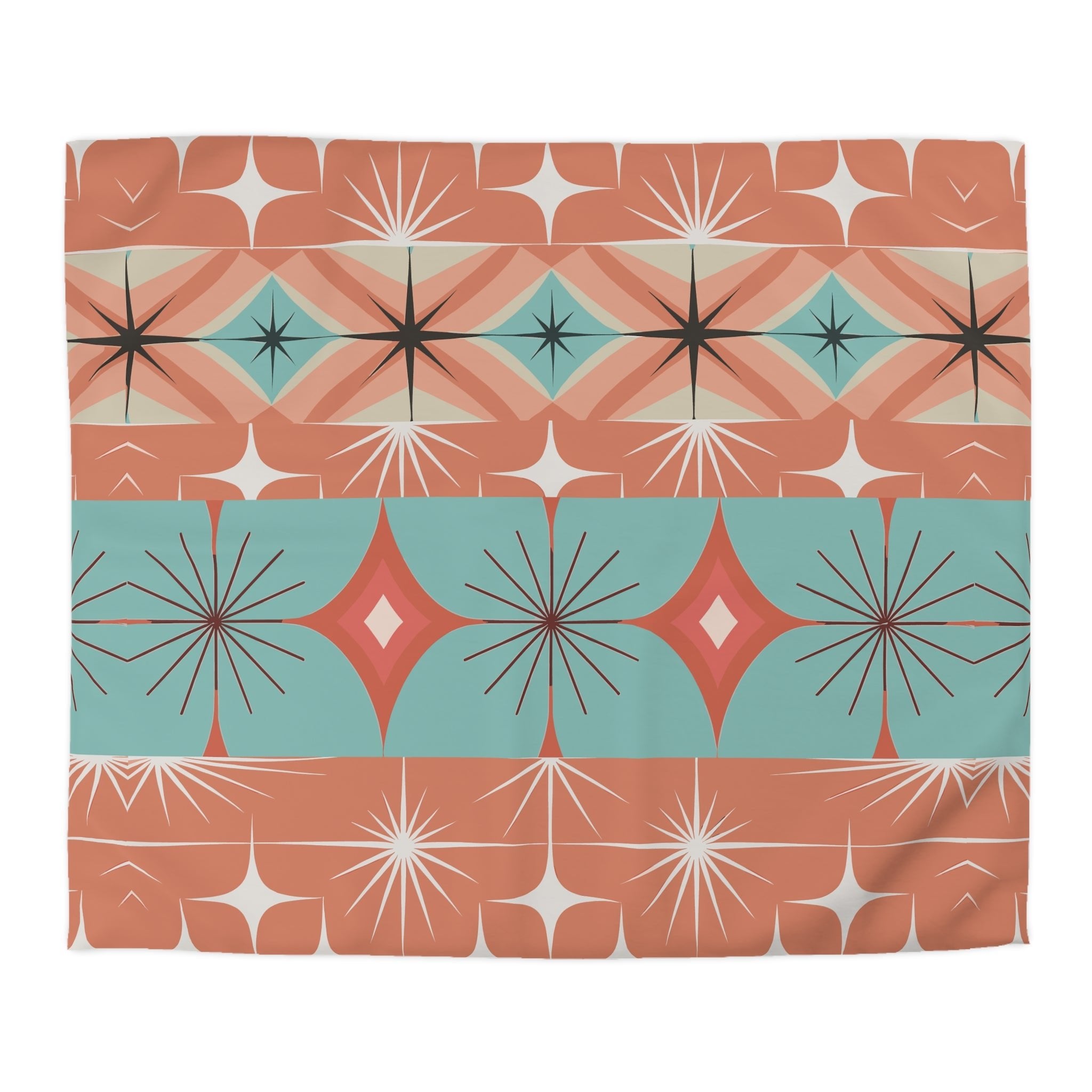 Kate McEnroe New York Mid Century Modern Duvet Cover, Retro 50s 60s Atomic Diamond Starburst Orange Teal BeddingDuvet Covers18220599887129377174