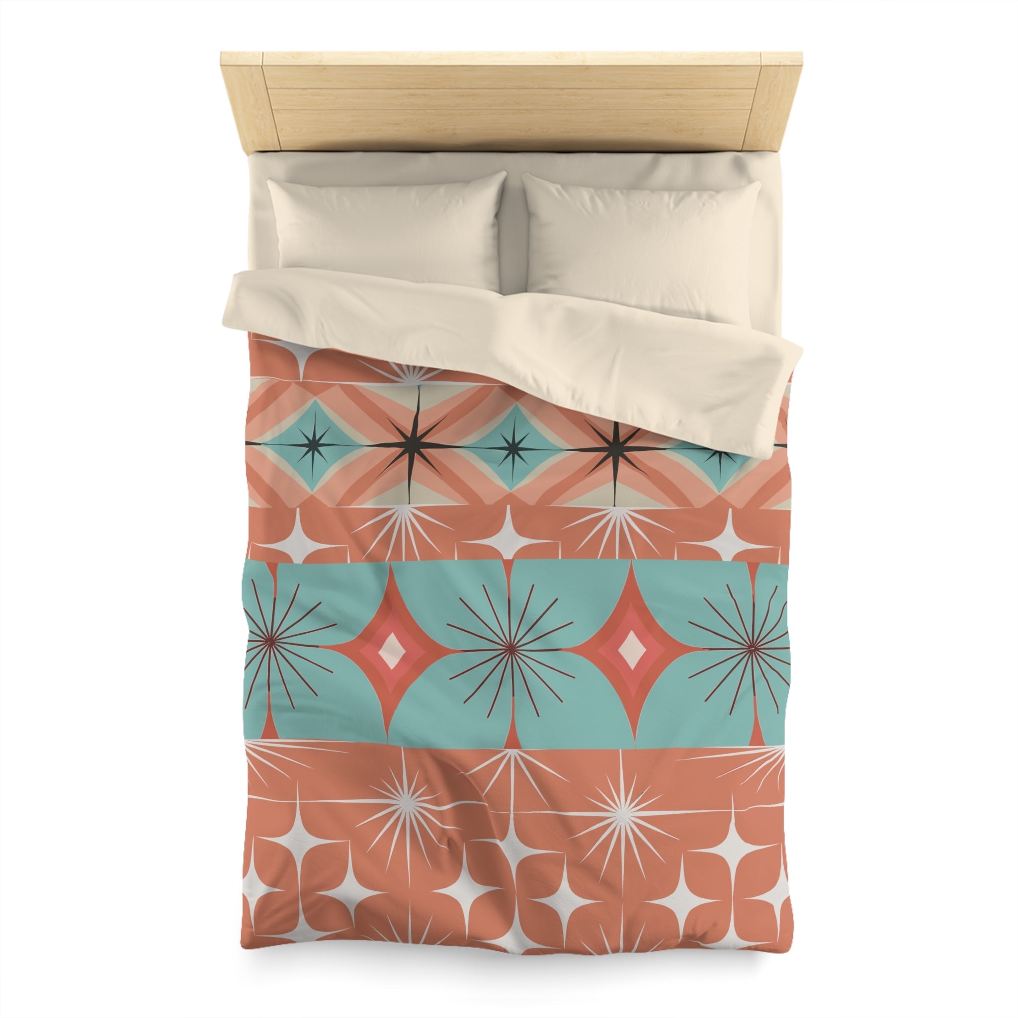 Kate McEnroe New York Mid Century Modern Duvet Cover, Retro 50s 60s Atomic Diamond Starburst Orange Teal BeddingDuvet Covers18220599887129377174