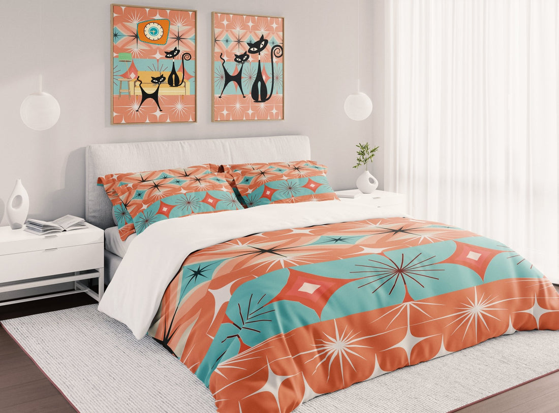 Kate McEnroe New York Mid Century Modern Duvet Cover, Retro 50s 60s Atomic Diamond Starburst Orange Teal BeddingDuvet Covers20344644729527914940