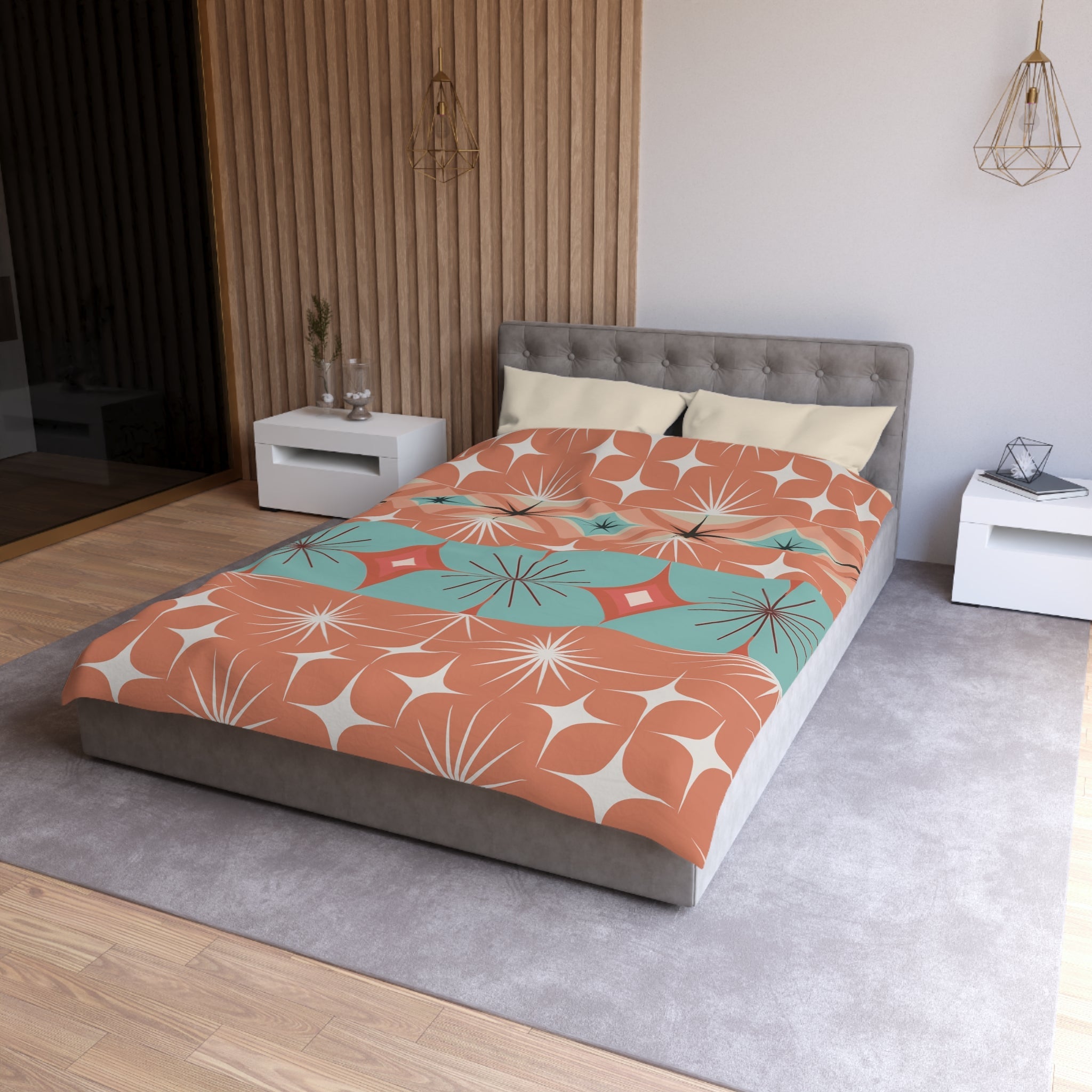 Kate McEnroe New York Mid Century Modern Duvet Cover, Retro 50s 60s Atomic Diamond Starburst Orange Teal BeddingDuvet Covers20344644729527914940
