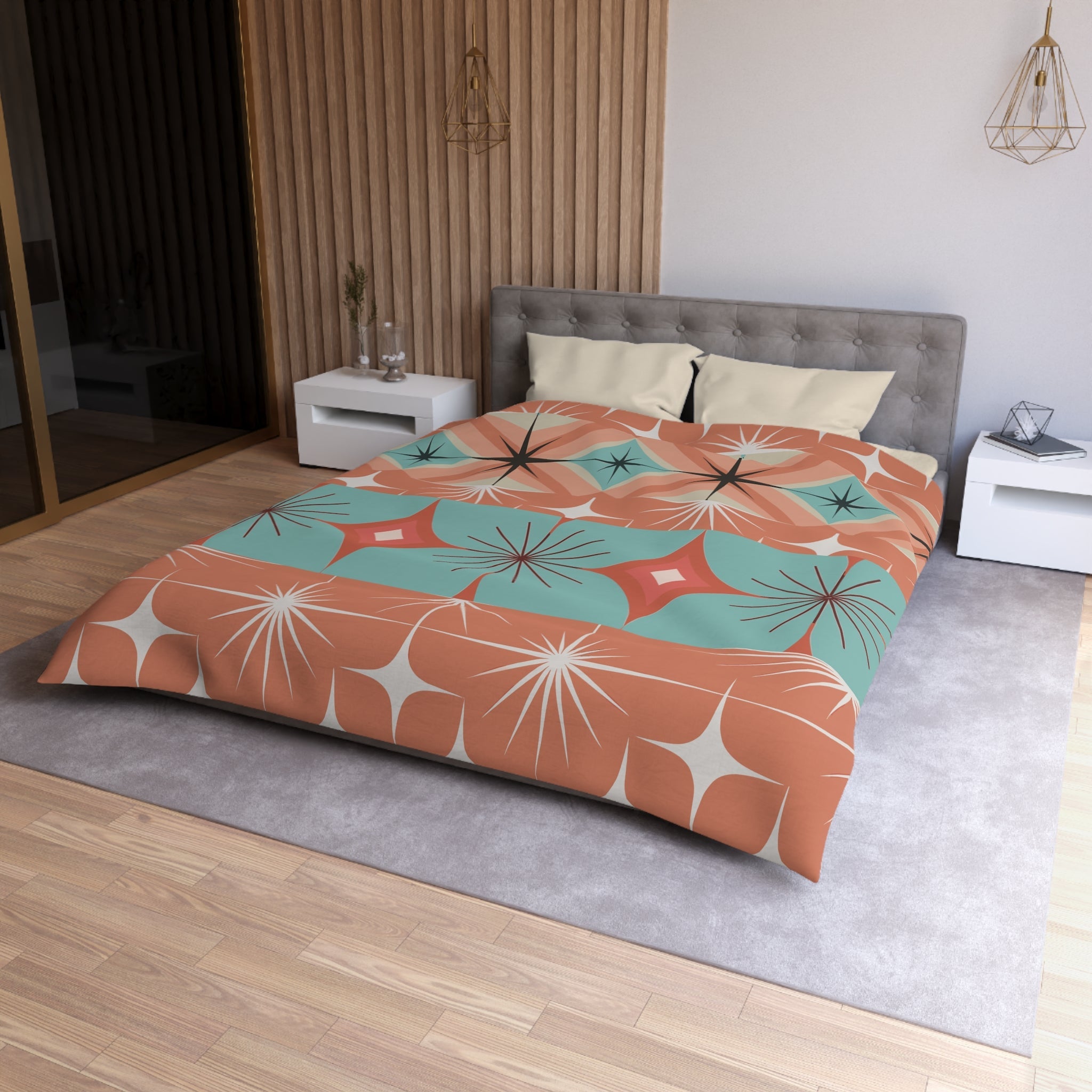 Kate McEnroe New York Mid Century Modern Duvet Cover, Retro 50s 60s Atomic Diamond Starburst Orange Teal BeddingDuvet Covers39879080330634066401