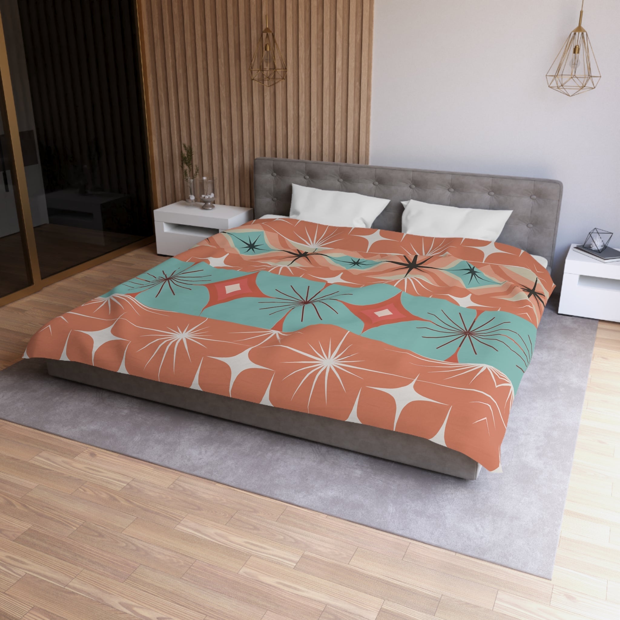 Kate McEnroe New York Mid Century Modern Duvet Cover, Retro 50s 60s Atomic Diamond Starburst Orange Teal BeddingDuvet Covers51203461734643926745