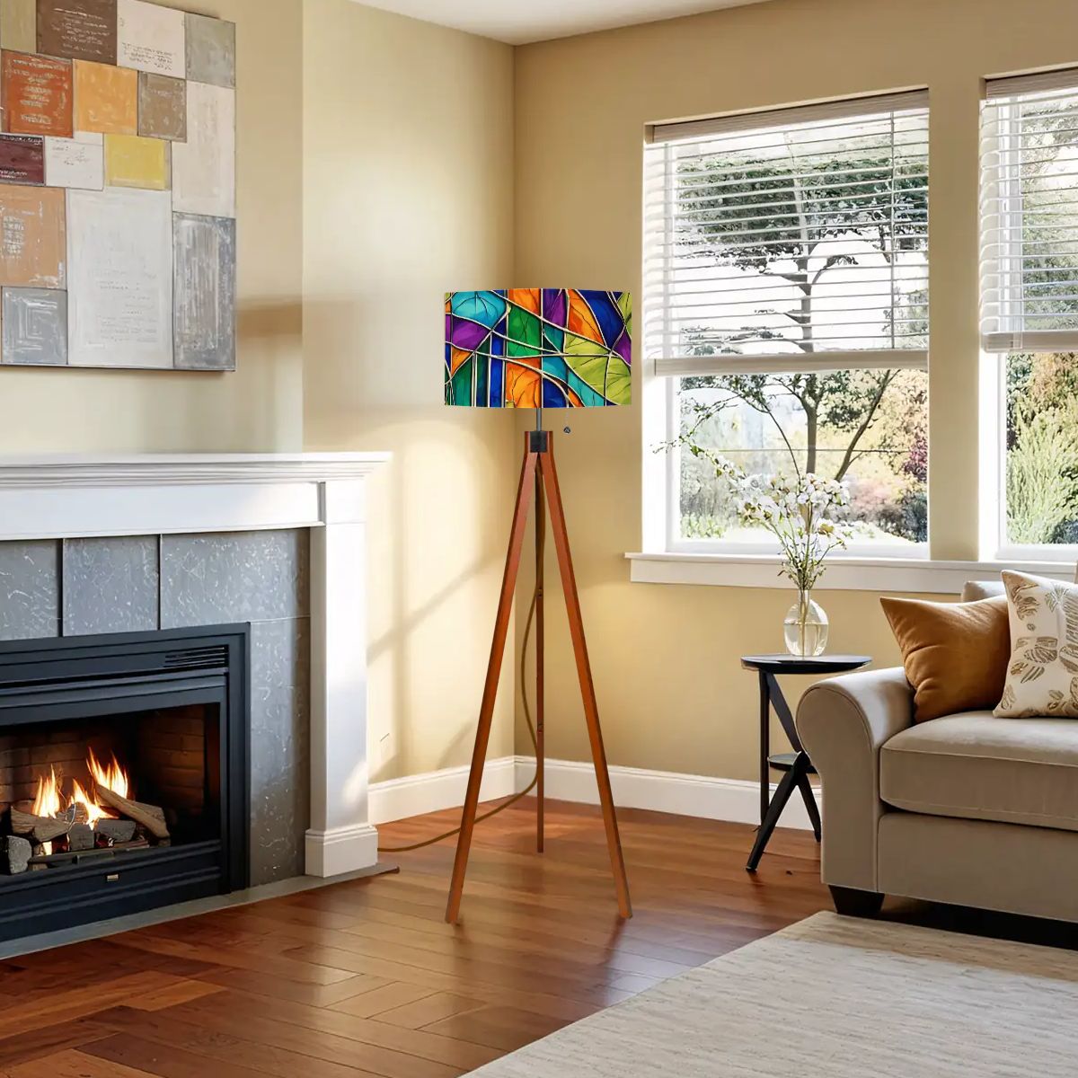 Kate McEnroe New York Mid Century Modern Faux Stained Glass Tripod Floor LampTripod Floor Lamps6TSCFraRuh