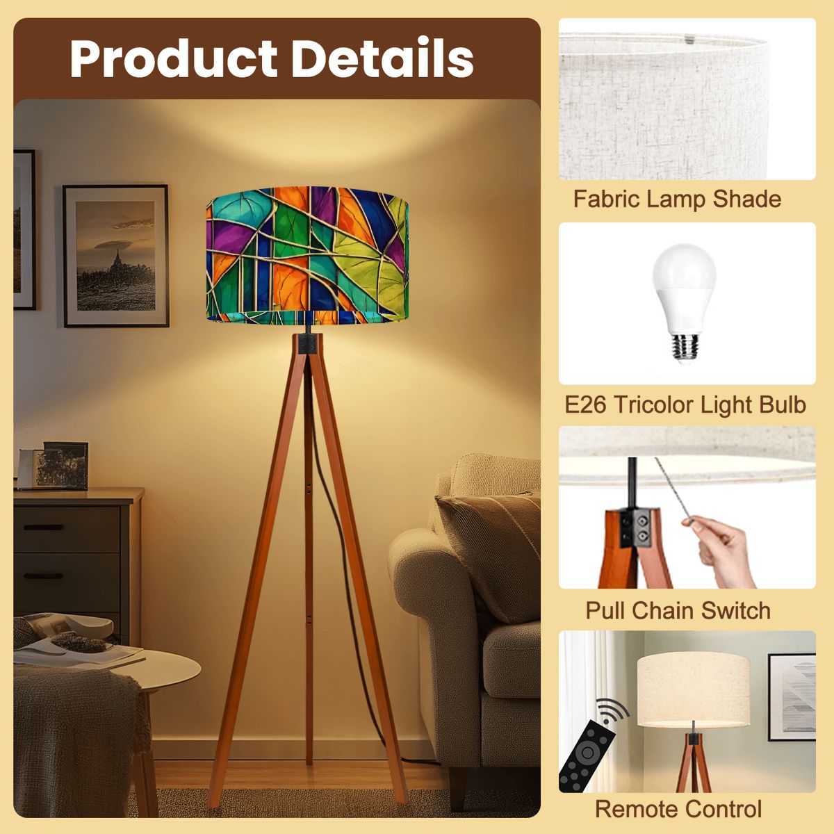 Kate McEnroe New York Mid Century Modern Faux Stained Glass Tripod Floor LampTripod Floor Lamps6TSCFraRuh