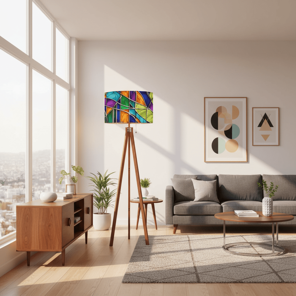 Kate McEnroe New York Mid Century Modern Faux Stained Glass Tripod Floor LampTripod Floor Lamps6TSCFraRuh