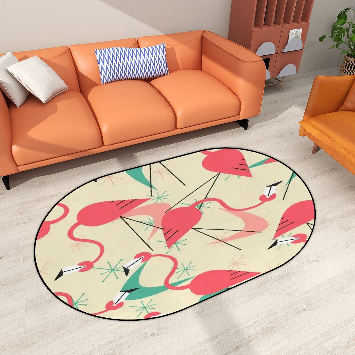 Kate McEnroe New York Mid Century Modern Flamingo Oval Area Rug, Retro Pink Aqua 50s Living Room, Entryway Accent RugRugsoWX6hf4Ykz