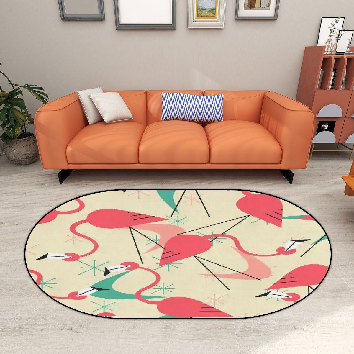 Kate McEnroe New York Mid Century Modern Flamingo Oval Area Rug, Retro Pink Aqua 50s Living Room, Entryway Accent RugRugsoWX6hf4Ykz