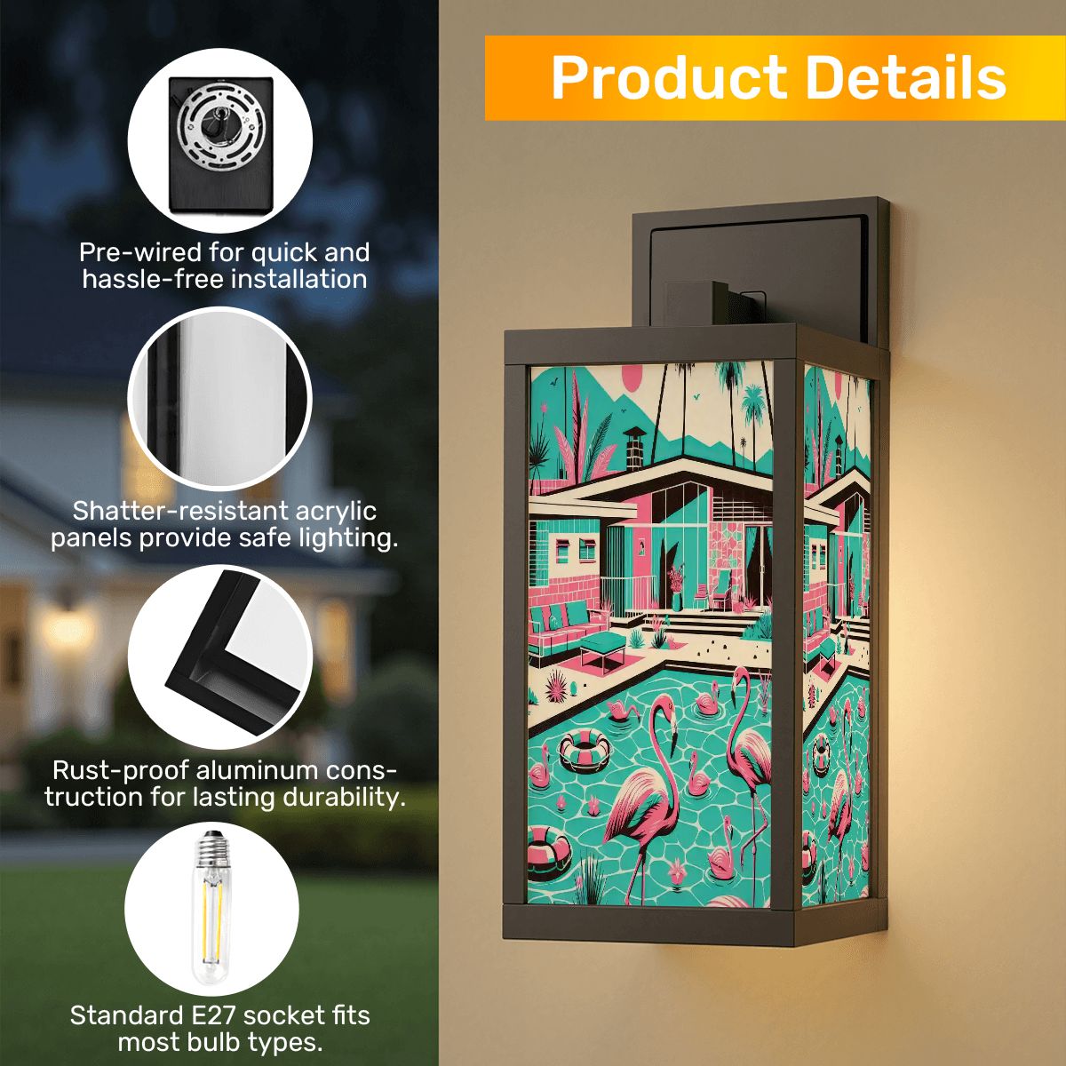 Kate McEnroe New York Mid Century Modern Flamingo Poolside Wall Sconce, Retro Palm Springs Patio Light, 50s MCM Accent LampOutdoor Wall LightswjUo78m5xp