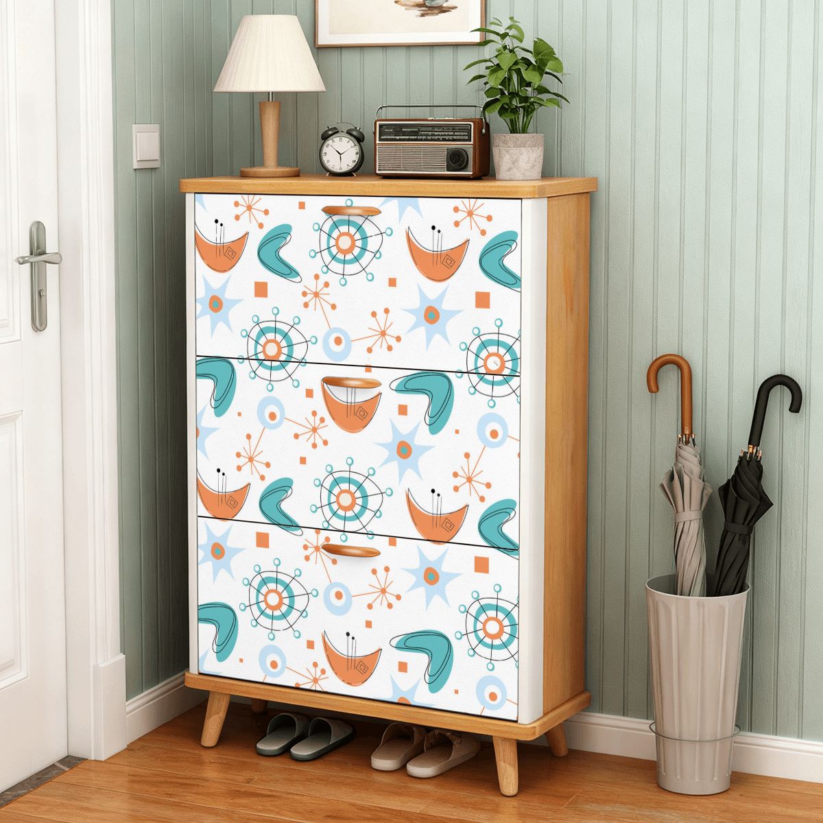 Kate McEnroe New York Mid Century Modern Flip Drawer Shoe Cabinet, Atomic Boomerang Starburst Design, Retro MCM Entryway OrganizerShoe Storagel0byYoxfl1
