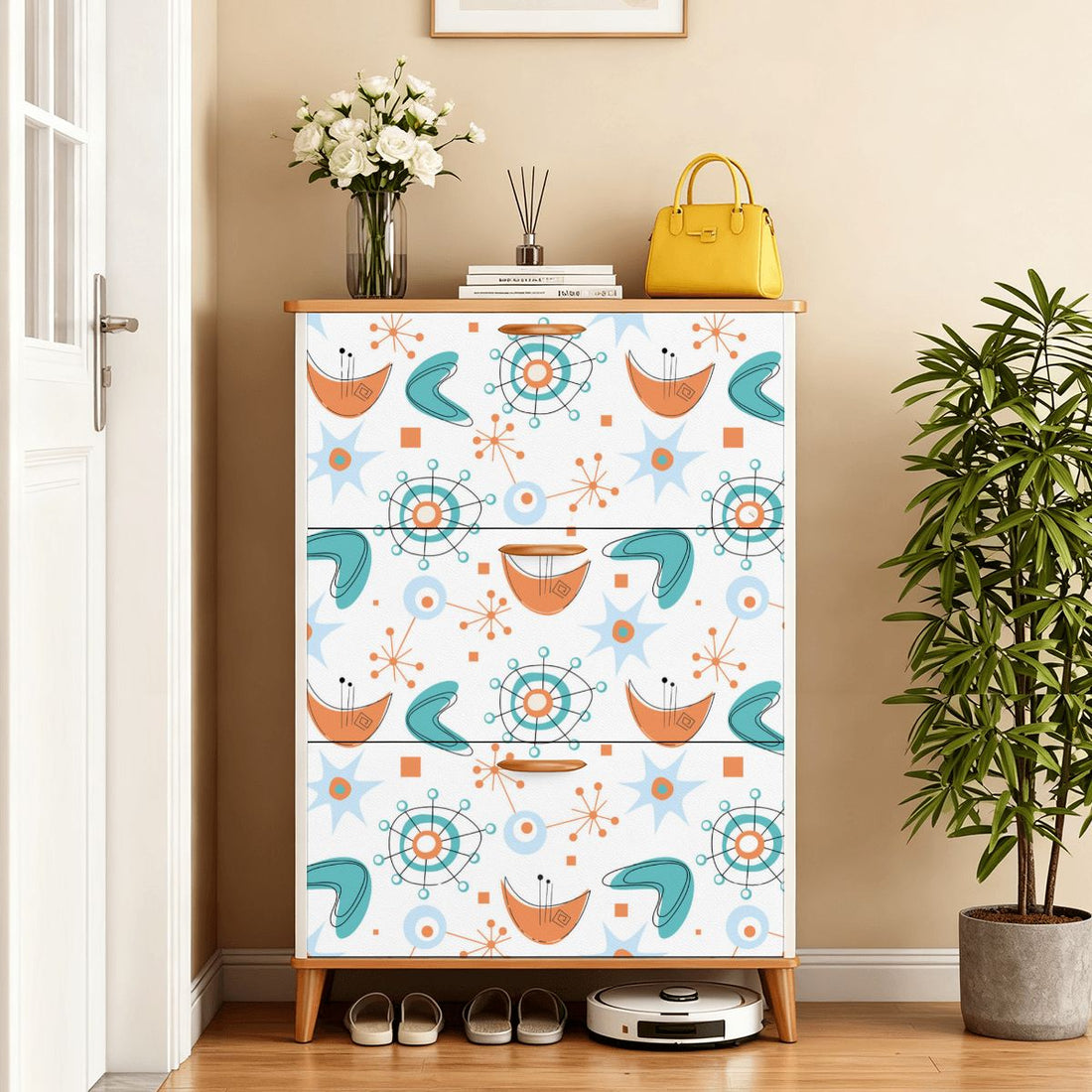 Kate McEnroe New York Mid Century Modern Flip Drawer Shoe Cabinet, Atomic Boomerang Starburst Design, Retro MCM Entryway OrganizerShoe Storagel0byYoxfl1