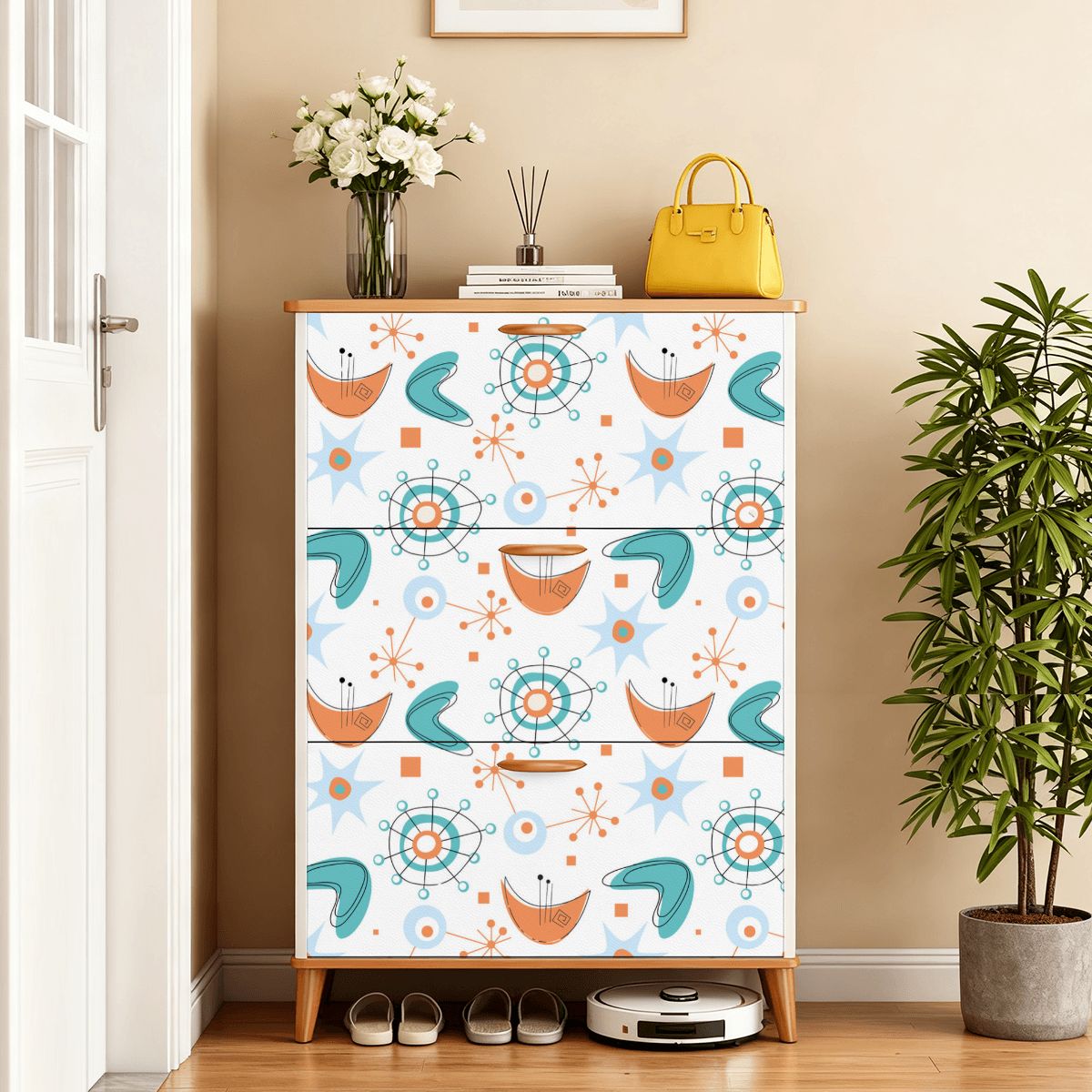Kate McEnroe New York Mid Century Modern Flip Drawer Shoe Cabinet, Atomic Boomerang Starburst Design, Retro MCM Entryway OrganizerShoe Storagel0byYoxfl1