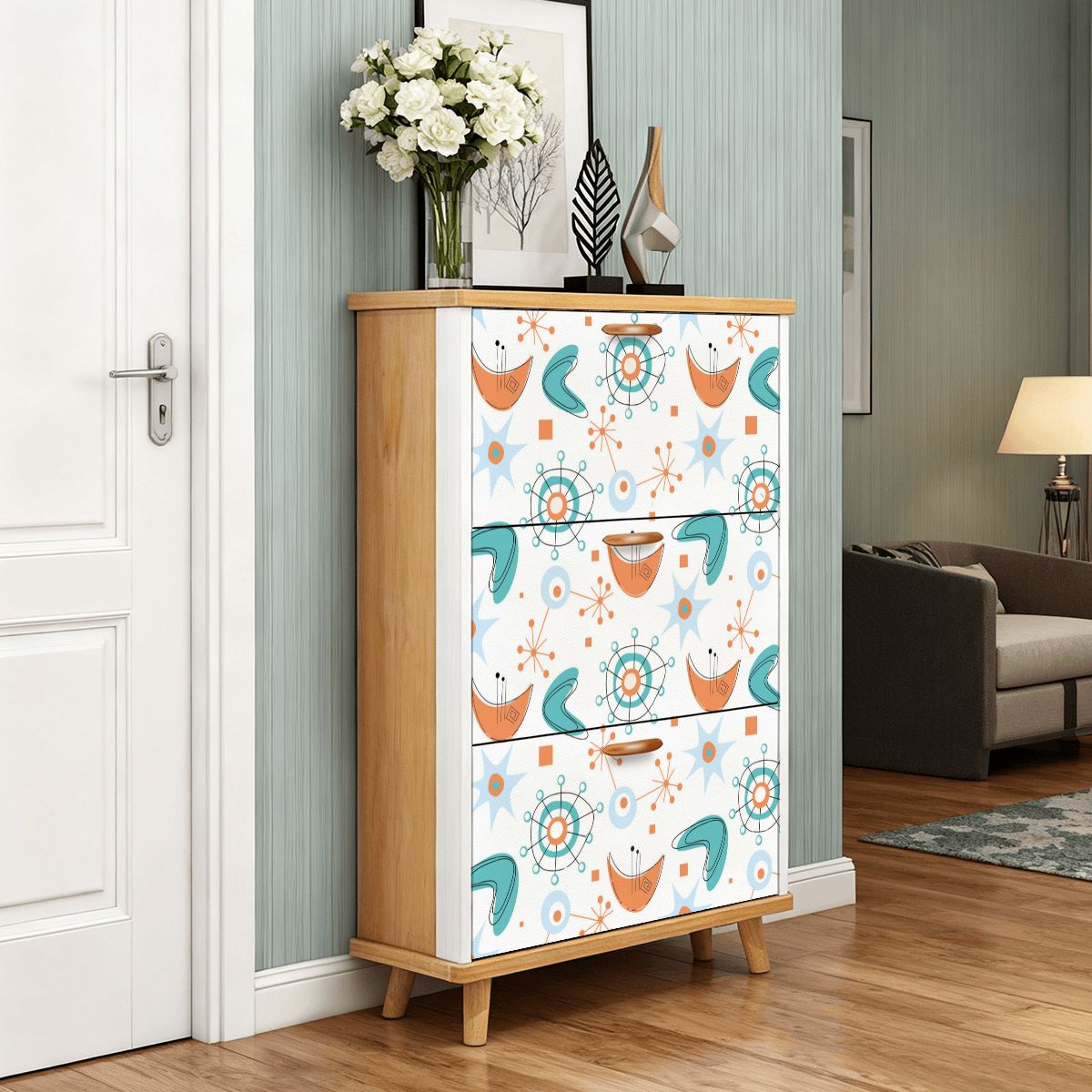 Kate McEnroe New York Mid Century Modern Flip Drawer Shoe Cabinet, Atomic Boomerang Starburst Design, Retro MCM Entryway OrganizerShoe Storagel0byYoxfl1