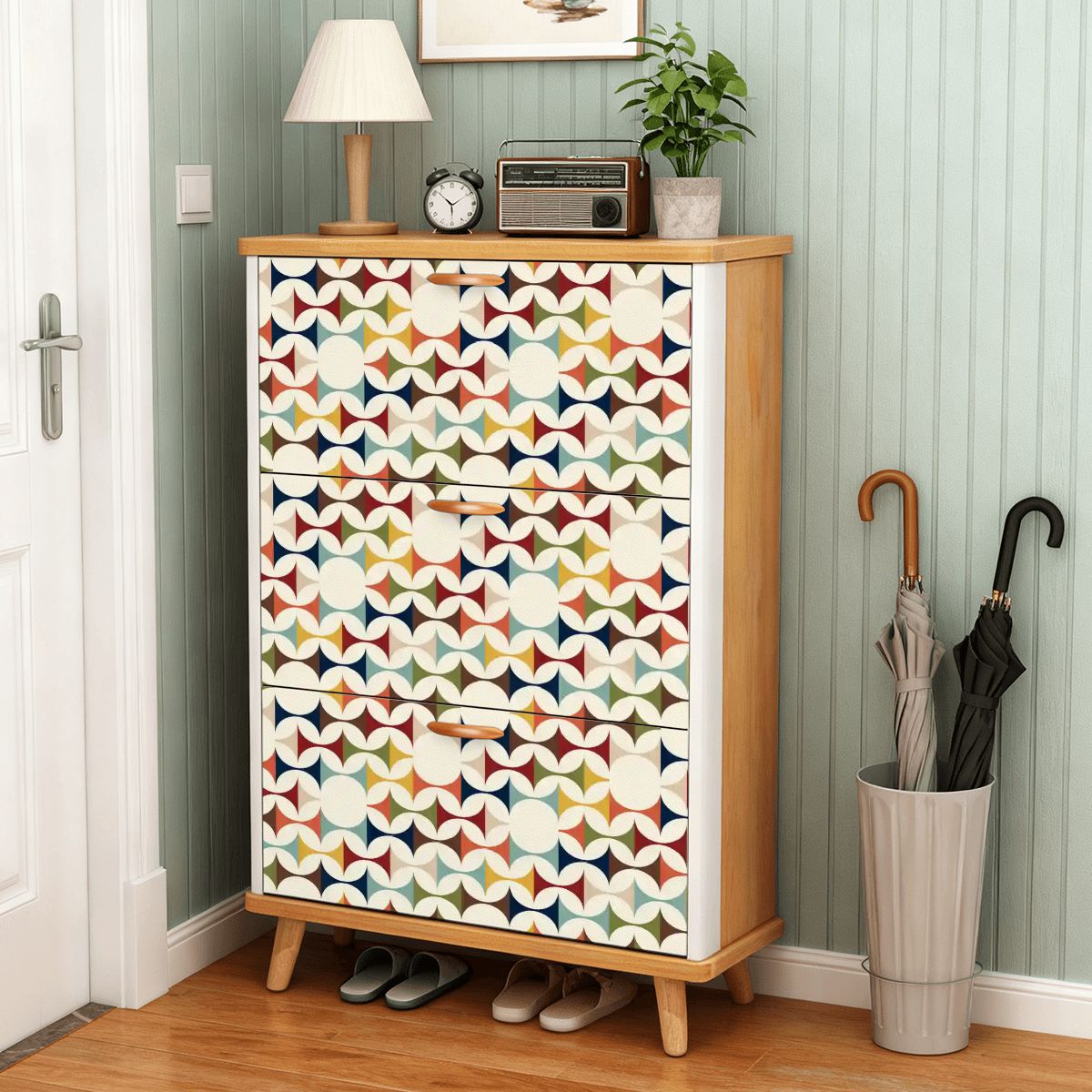 Kate McEnroe New York Mid Century Modern Flip Drawer Shoe Cabinet, Scandinavian Geometric Entryway Organizer, Retro MCM Storage UnitShoe StorageVXXCsEZday