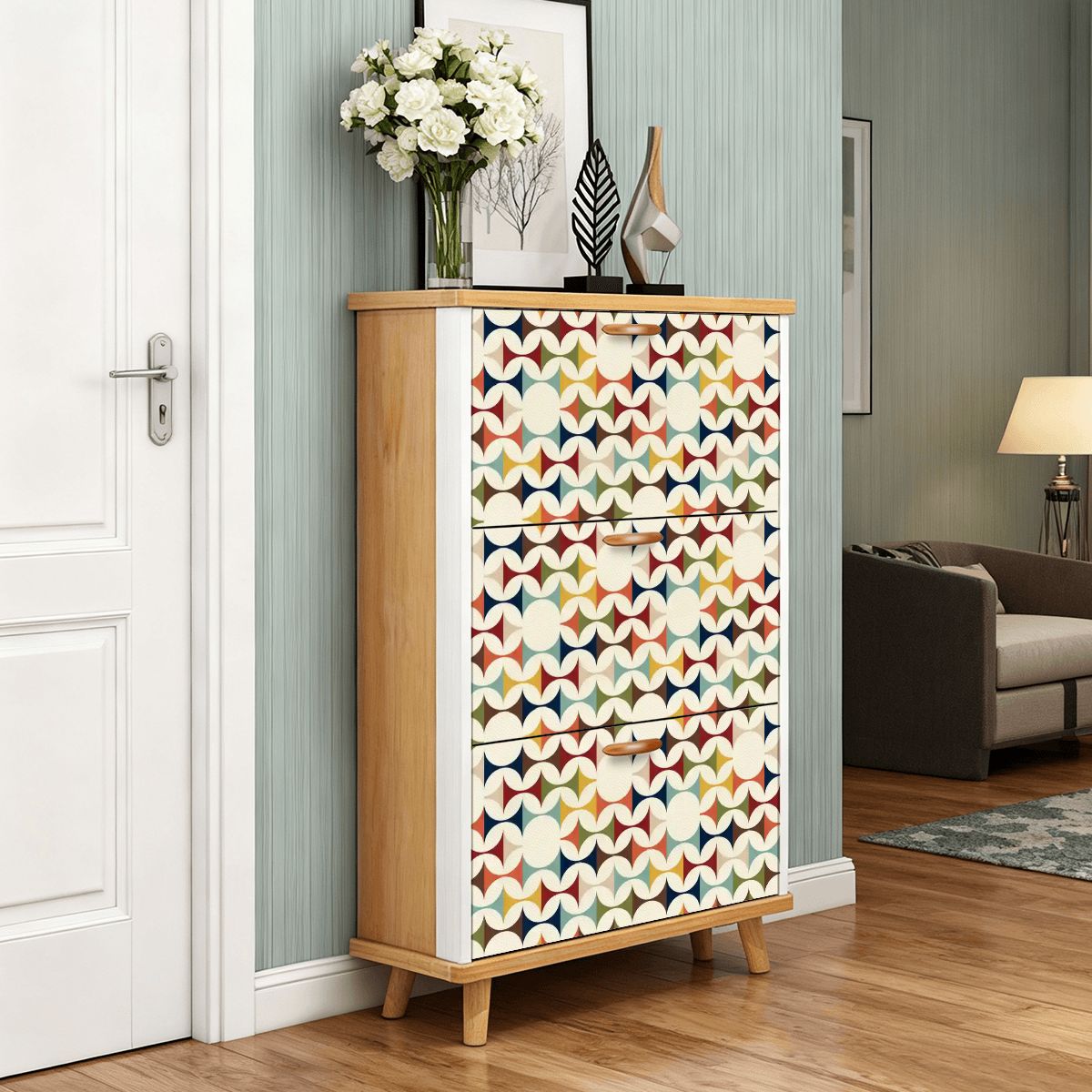 Kate McEnroe New York Mid Century Modern Flip Drawer Shoe Cabinet, Scandinavian Geometric Entryway Organizer, Retro MCM Storage UnitShoe StorageVXXCsEZday