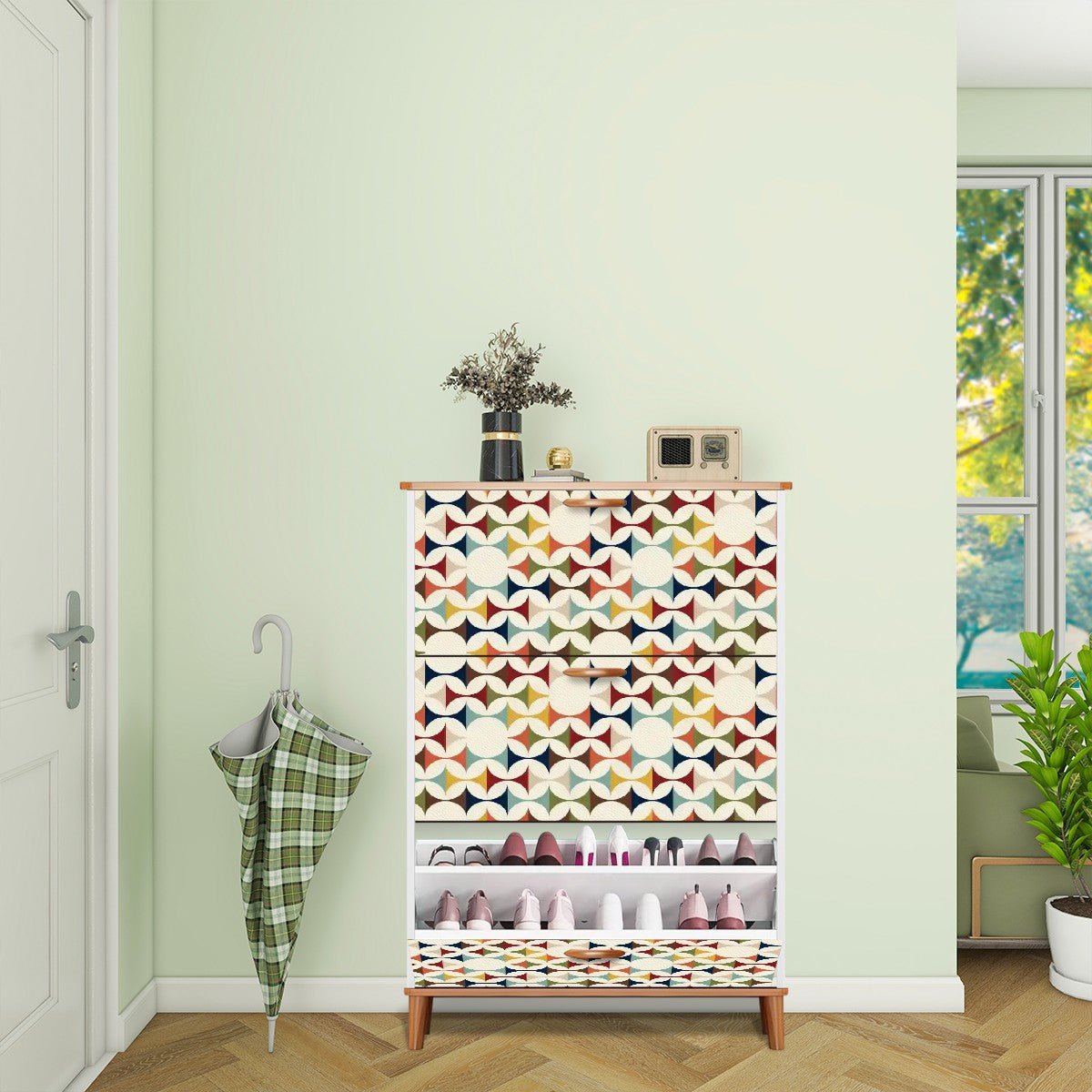 Kate McEnroe New York Mid Century Modern Flip Drawer Shoe Cabinet, Scandinavian Geometric Entryway Organizer, Retro MCM Storage UnitShoe StorageVXXCsEZday