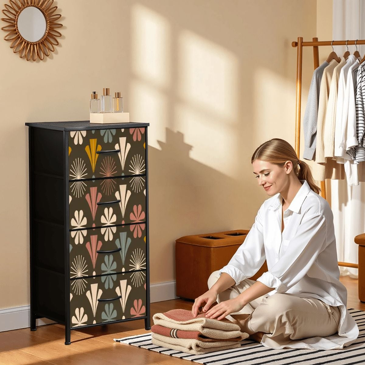 Kate McEnroe New York Mid Century Modern Floral Starburst Brown Retro 4 Drawer DresserDressersAJx0dJfAKq