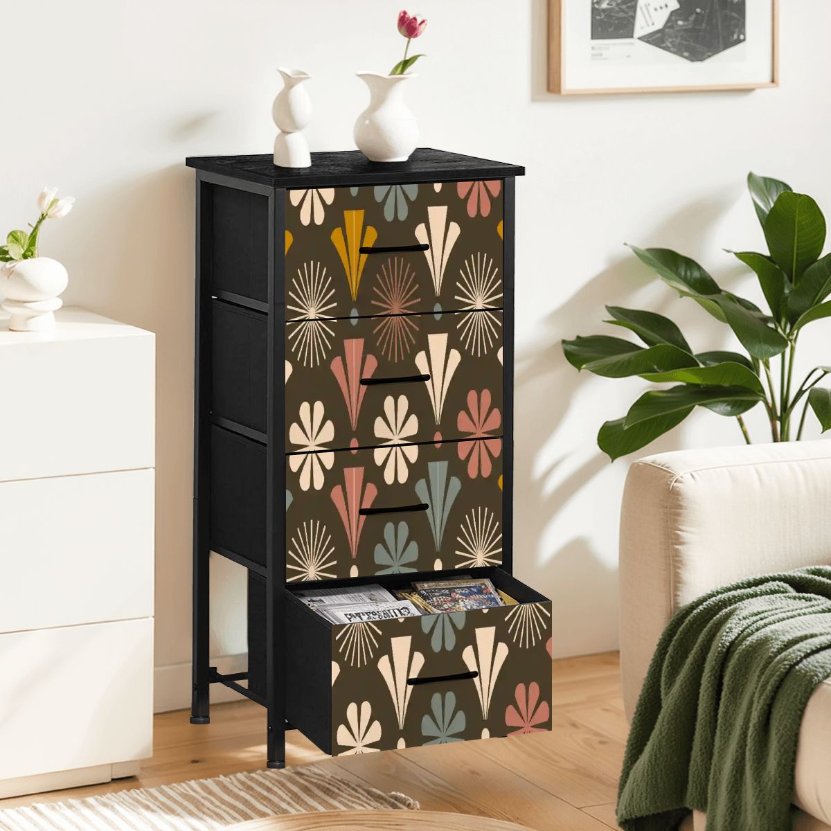 Kate McEnroe New York Mid Century Modern Floral Starburst Brown Retro 4 Drawer DresserDressersAJx0dJfAKq