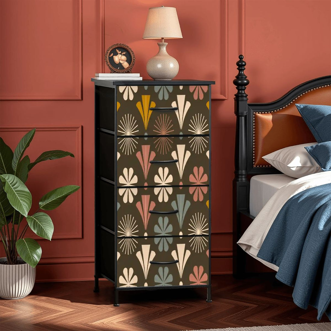 Kate McEnroe New York Mid Century Modern Floral Starburst Brown Retro 4 Drawer DresserDressersAJx0dJfAKq